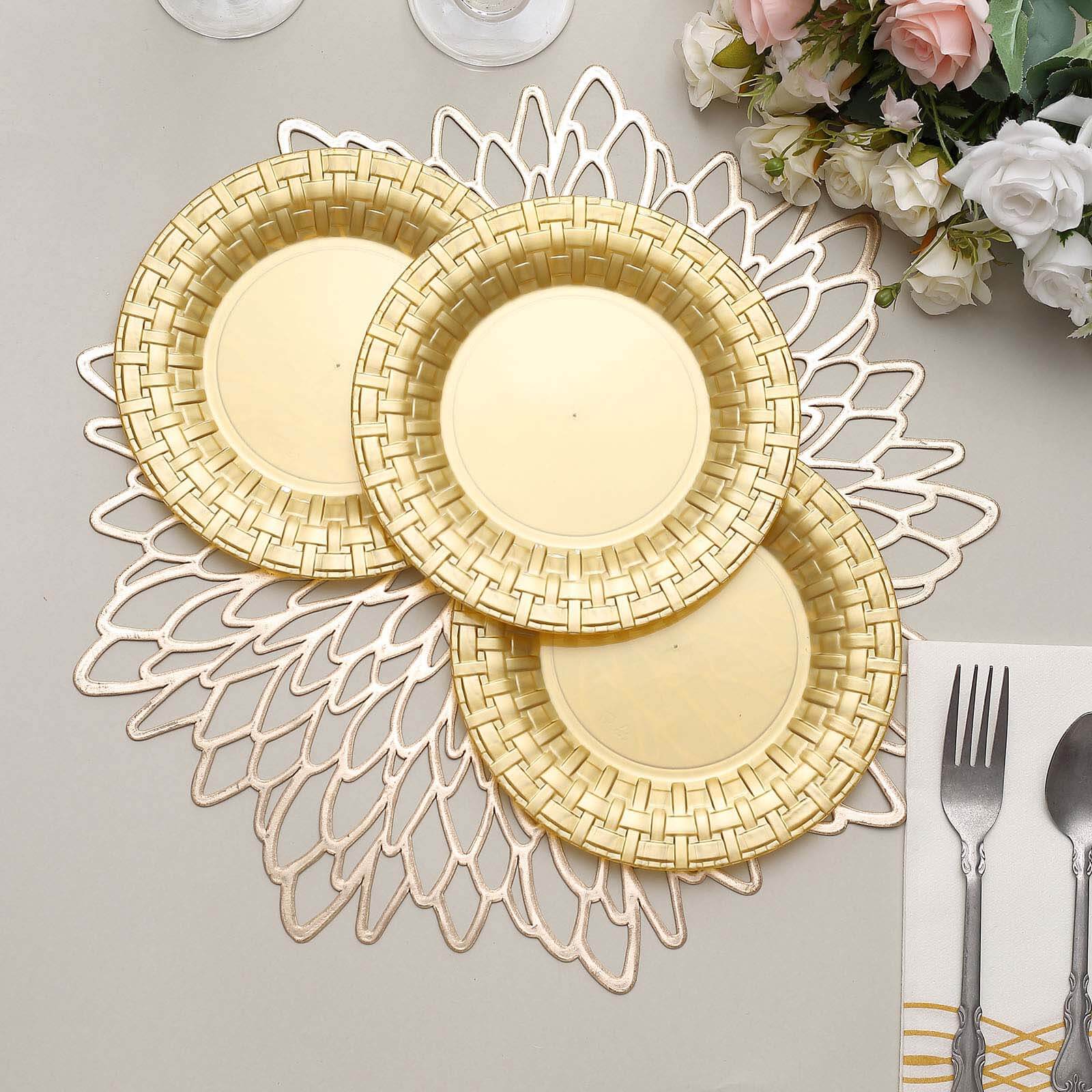 10 Pack 7 Gold Basketweave Rim Plastic Salad Dessert Plates, Round Disposable Appetizer Plates