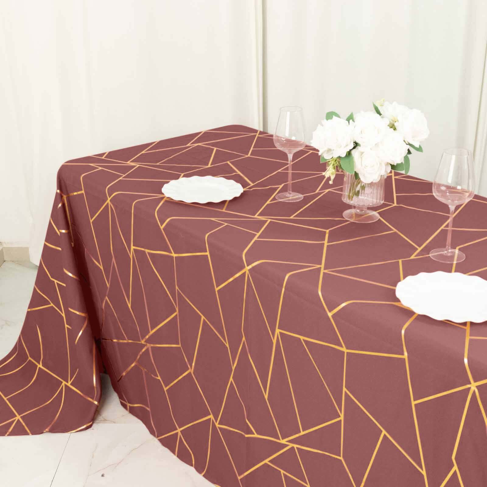 Polyester 60x132 Rectangle Tablecloth Cinnamon Rose with Gold Foil Geometric Pattern - Wrinkle-Resistant and Durable Table Cover for Weddings & Events