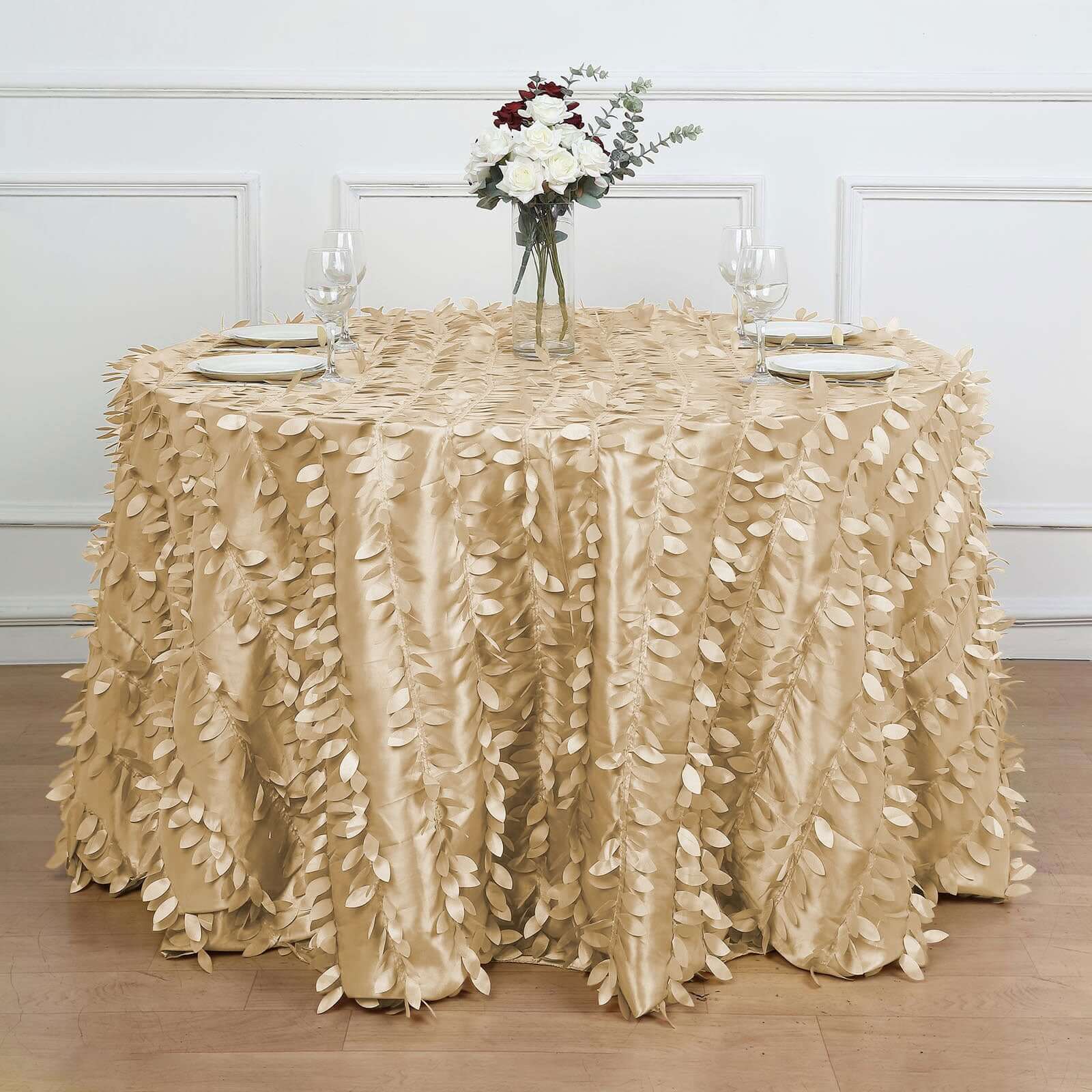 Taffeta 120 Round Tablecloth Champagne 3D | 3D Leaf Petal Design Seamless Table Cover