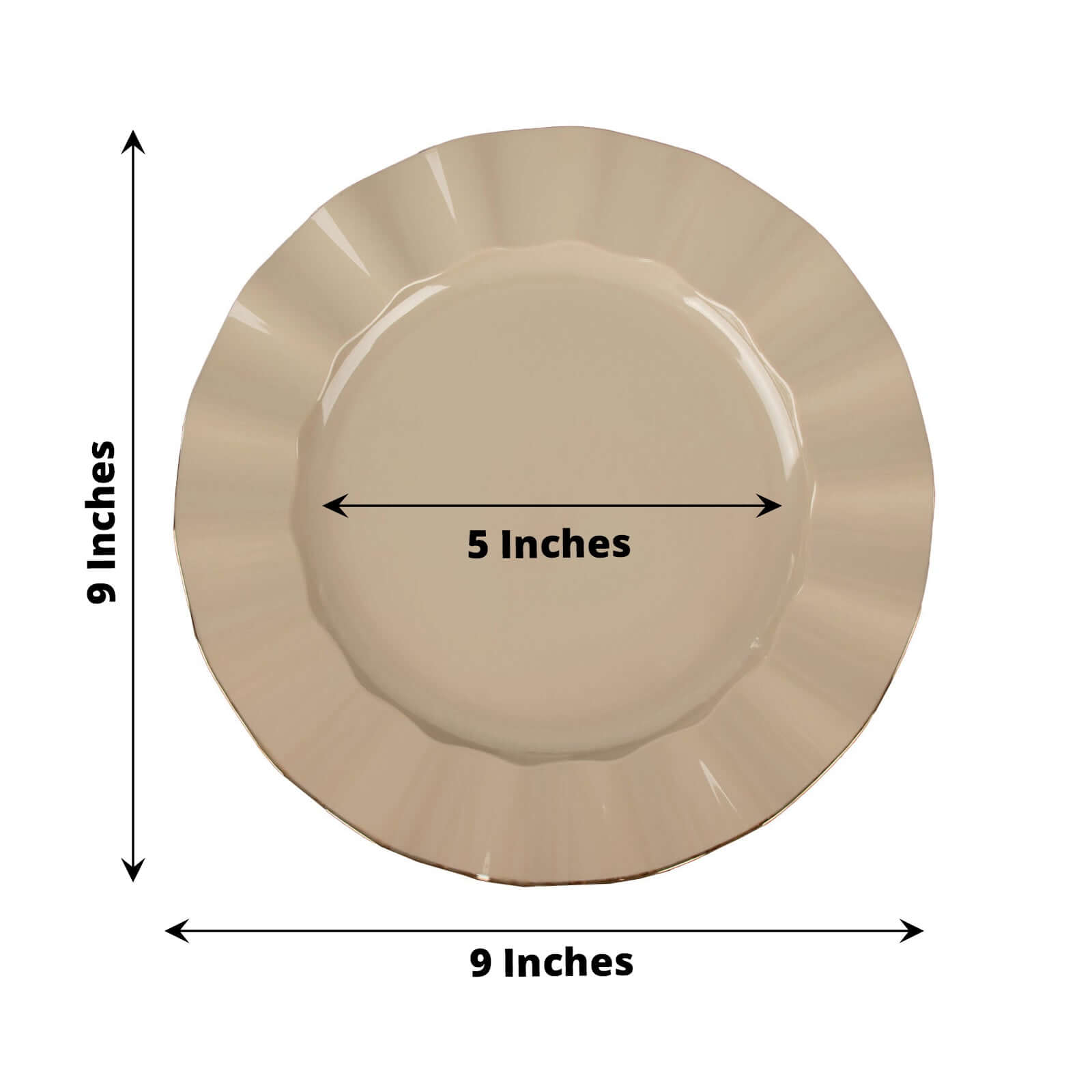 10-Pack Plastic 9 Round Dinner Plates in Taupe Ruffled Rim with Gold Edging - Sturdy Disposable Dinnerware