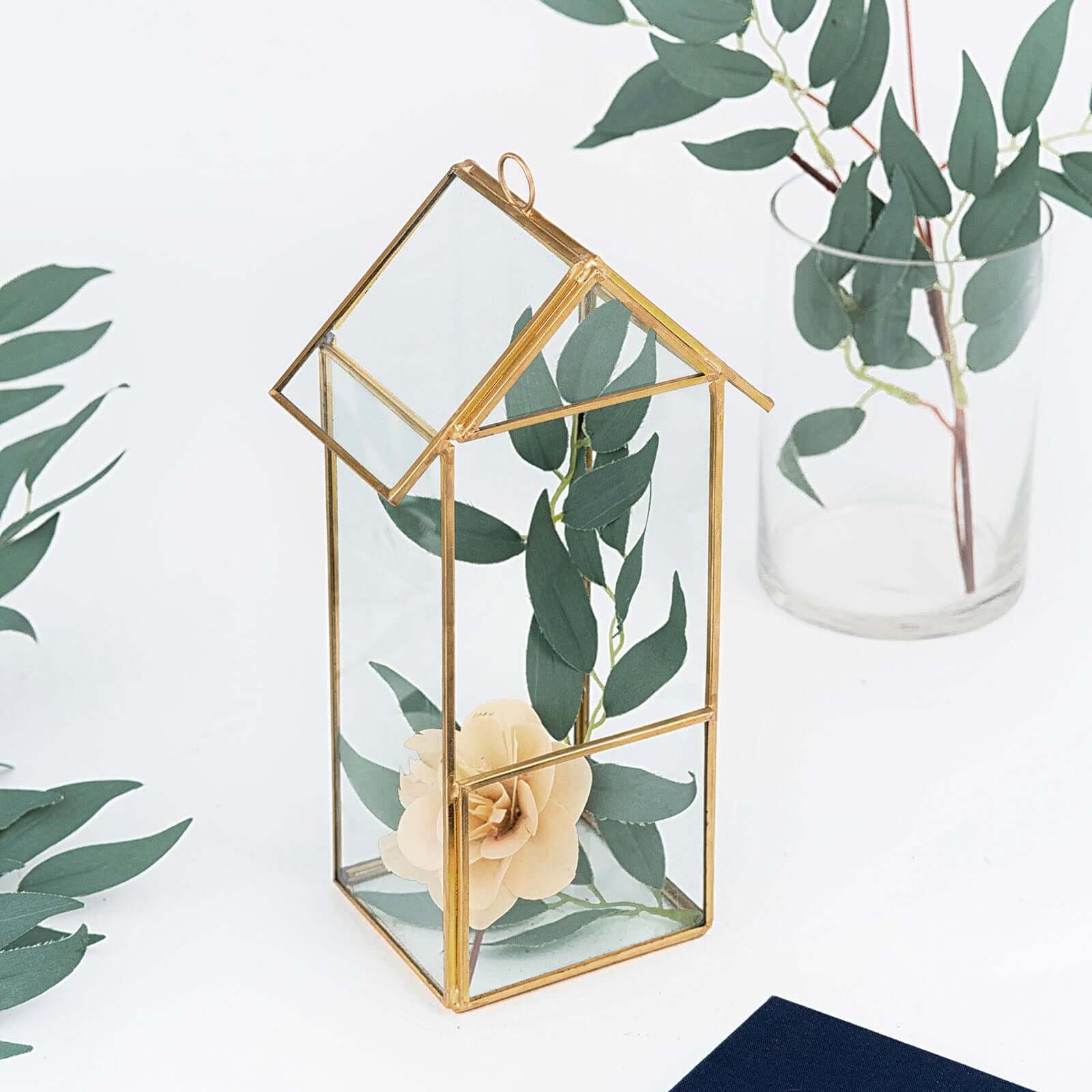 Glass Terrarium Hanging House Lantern Design Metal Gold - Versatile Holder for Air Plants & Displays 11