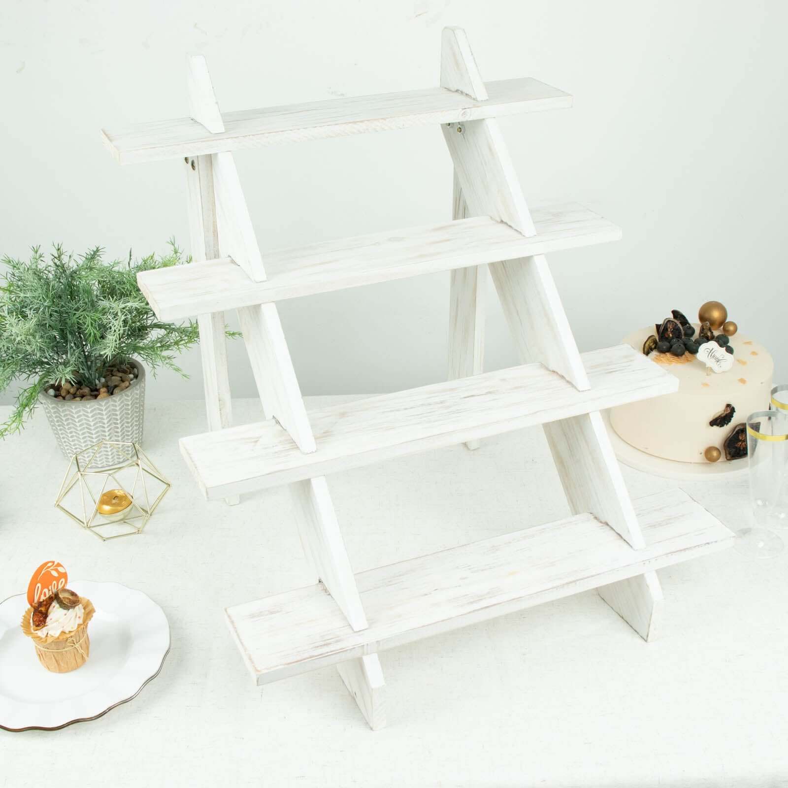 4-Tier Wooden Ladder Shelf Whitewashed Rustic Design - Cascading Stair Step Dessert Display Cupcake Holder 21