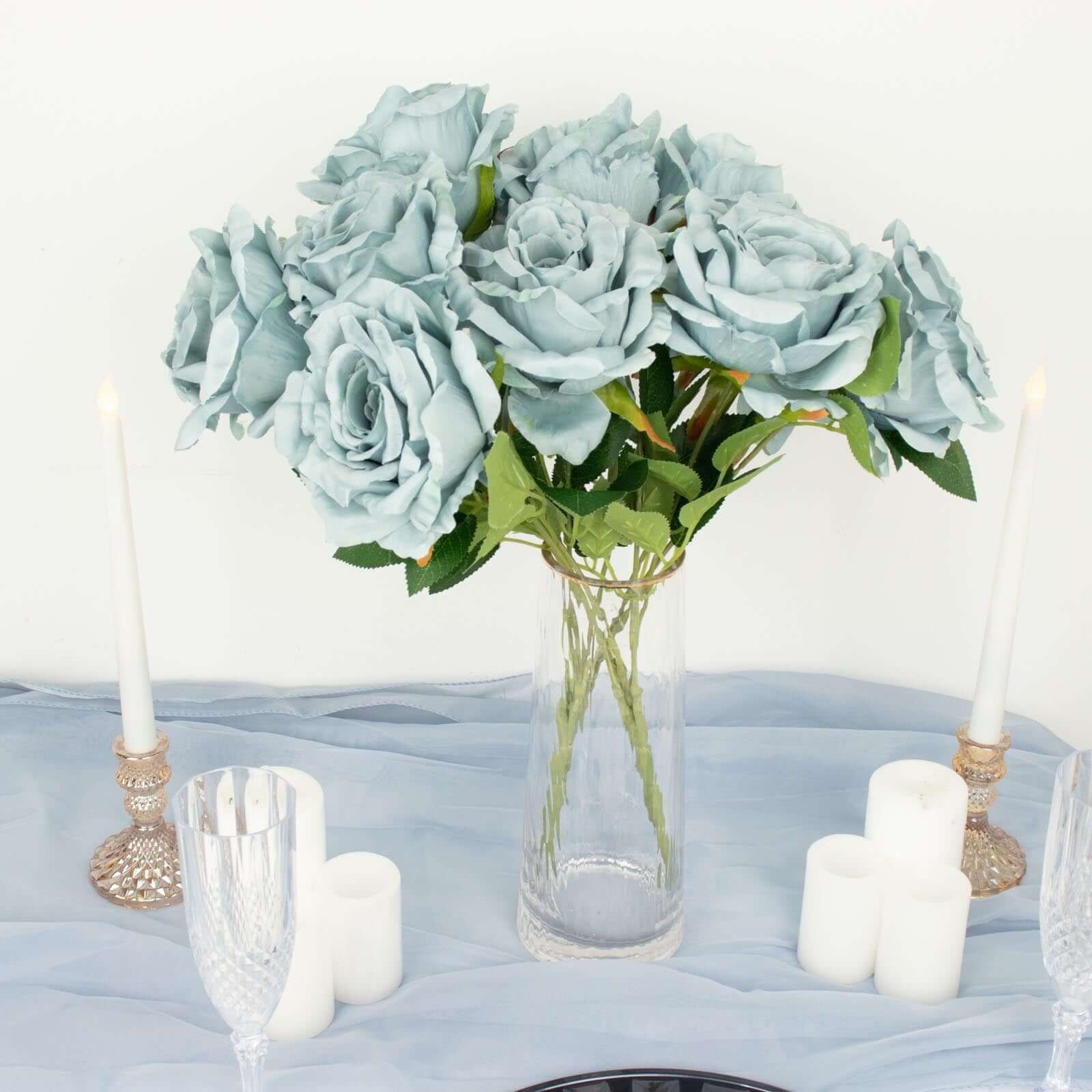 2 Bushes 17 Dusty Blue Premium Silk Jumbo Rose Flower Bouquet, High Quality Artificial Wedding Floral Arrangements