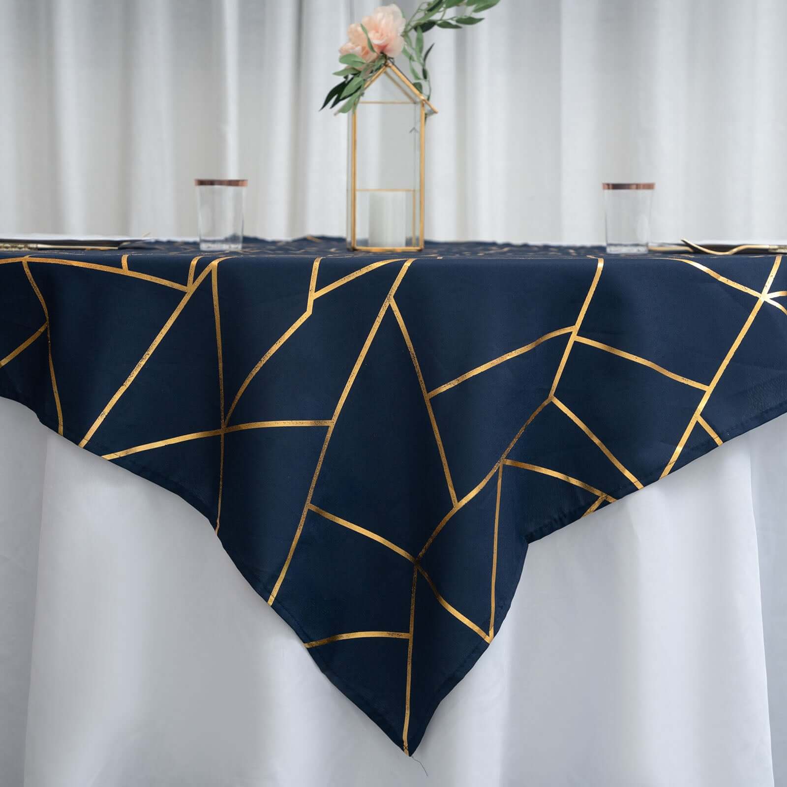 Polyester 54x54 Table Overlay Square Tablecloth Navy with Gold Foil Geometric Pattern - Wrinkle-Resistant & Durable Table Topper