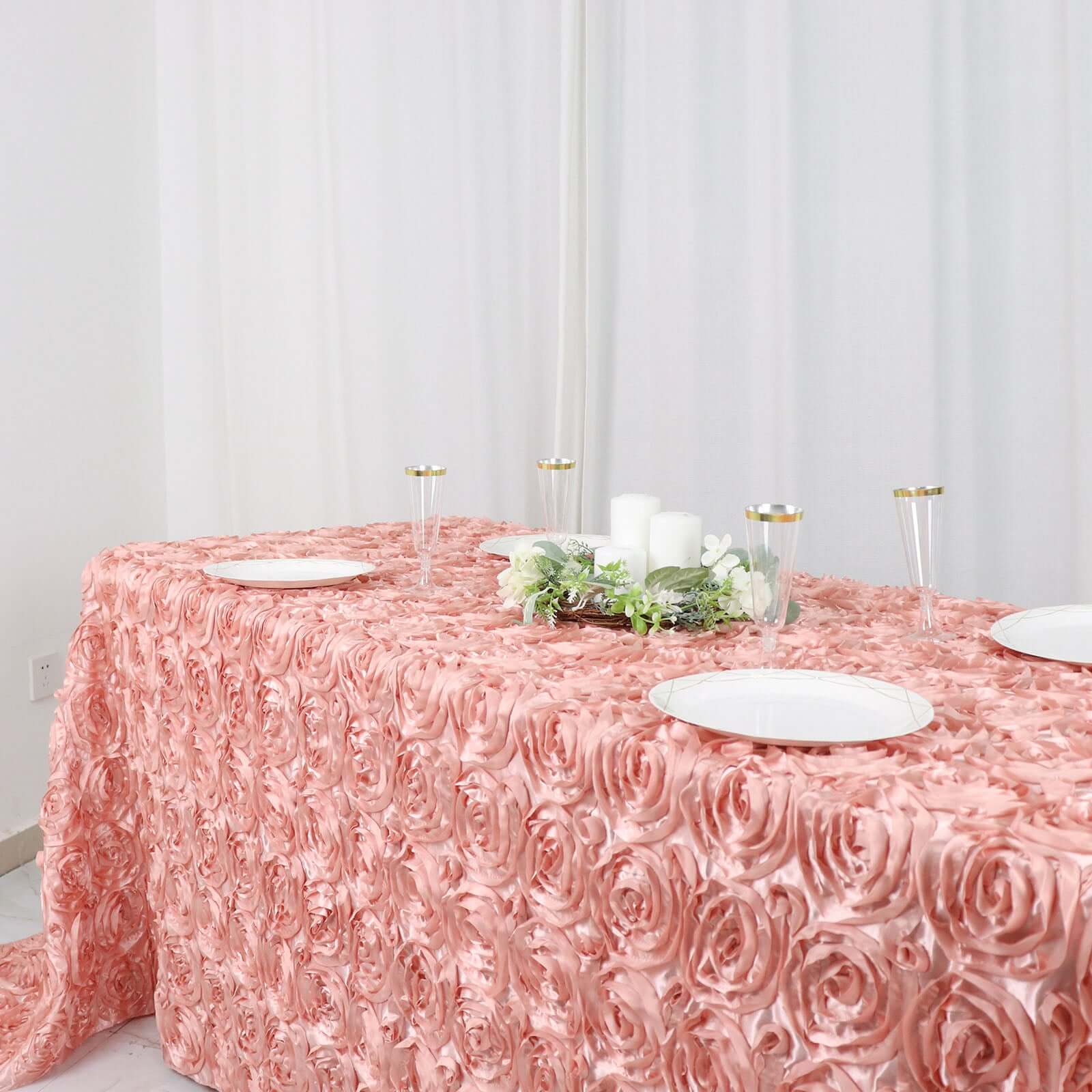 Satin 90x132 Rectangle Tablecloth Dusty Rose - Grandiose 3D Rosette Seamless Table Cover