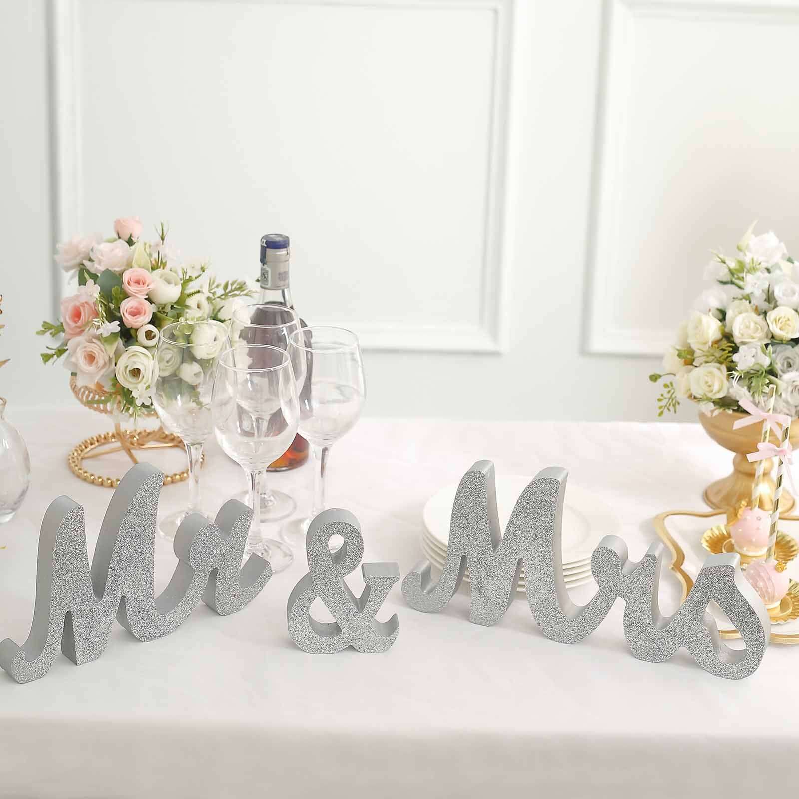 Wooden Mr & Mrs Freestanding Letters Silver Glittered - Rustic Glam Wedding Table Display Signs