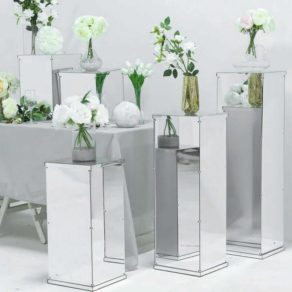 Set of 5 Silver Mirror Finish Acrylic Display Boxes, Pedestal Risers with Interchangeable Lid and Base - 12,16,24,32,40