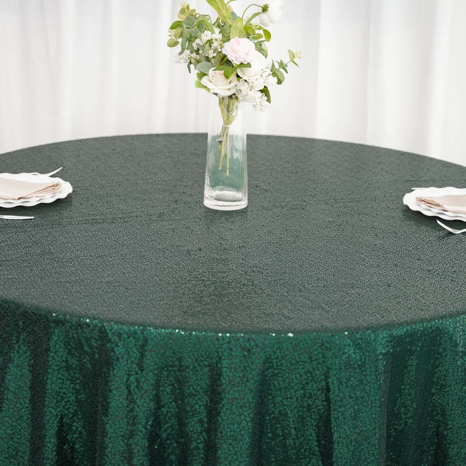 Sequin 120 Round Tablecloth Hunter Emerald Green - Seamless Glittering Table Cover