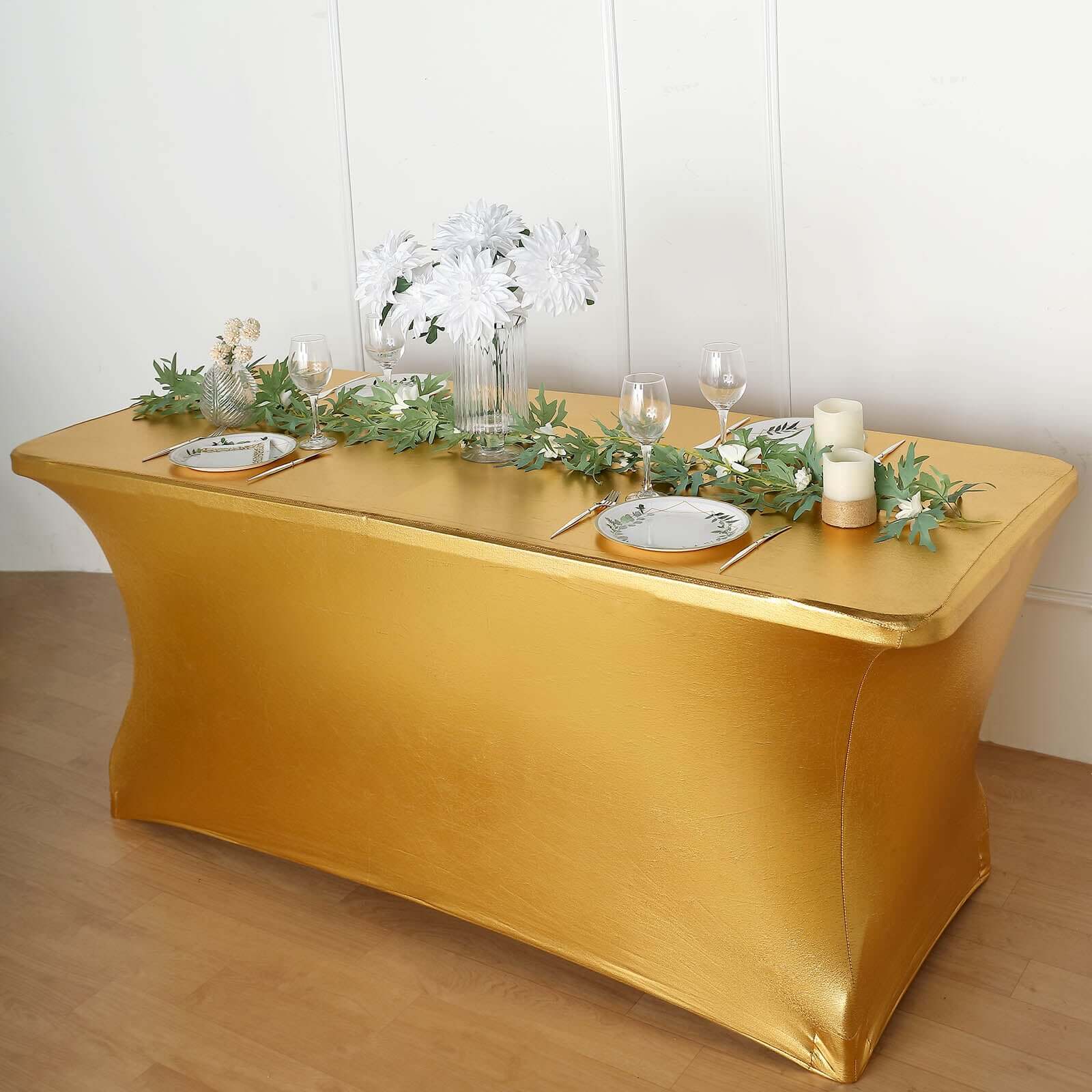 Stretch Spandex 72x30 Rectangle Tablecloth Metallic Gold - Glamorous Form-Fitting Table Cover for Upscale Gatherings