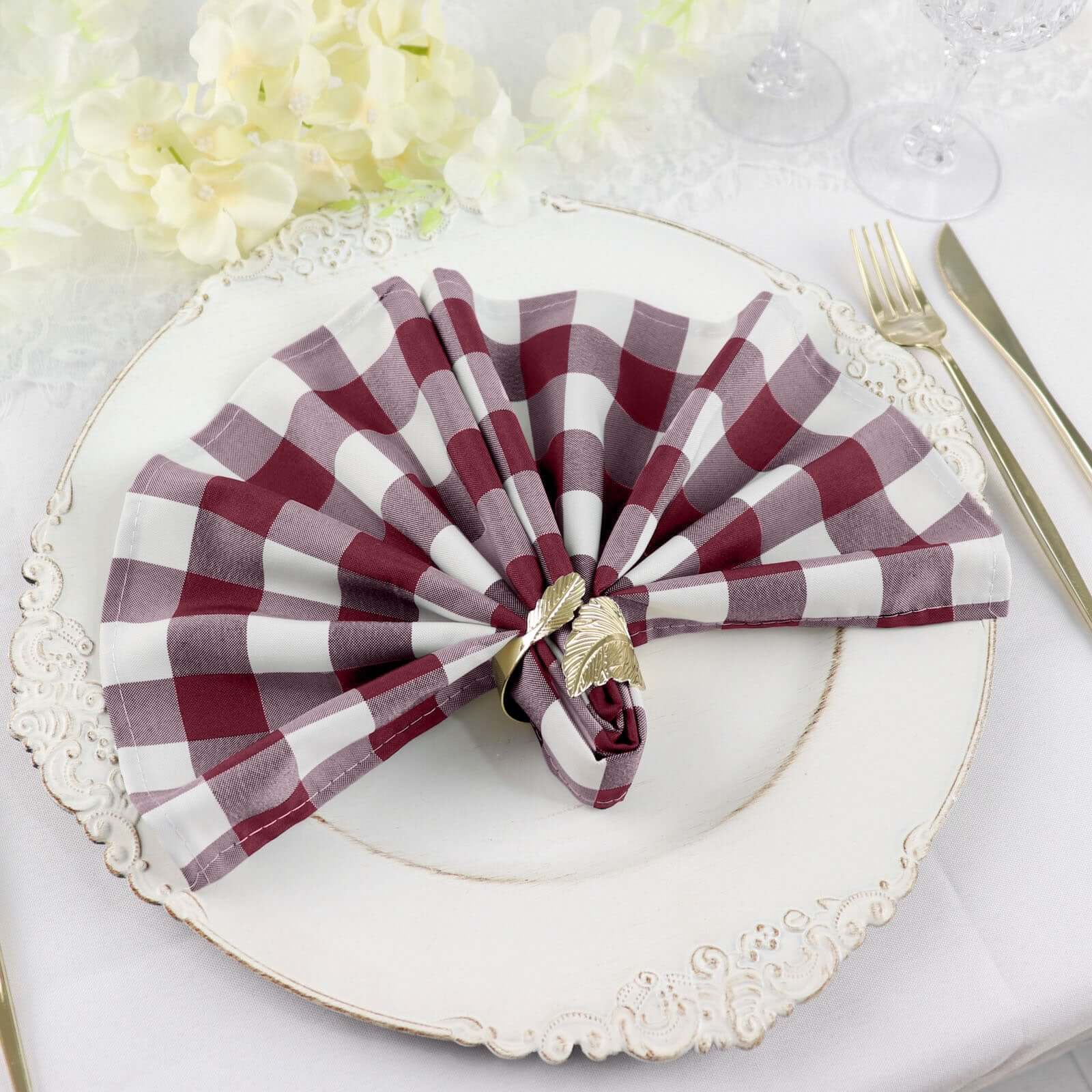 5 Pack Polyester 15x15 Napkins Burgundy/White Buffalo Plaid Gingham Style Cloth Napkins