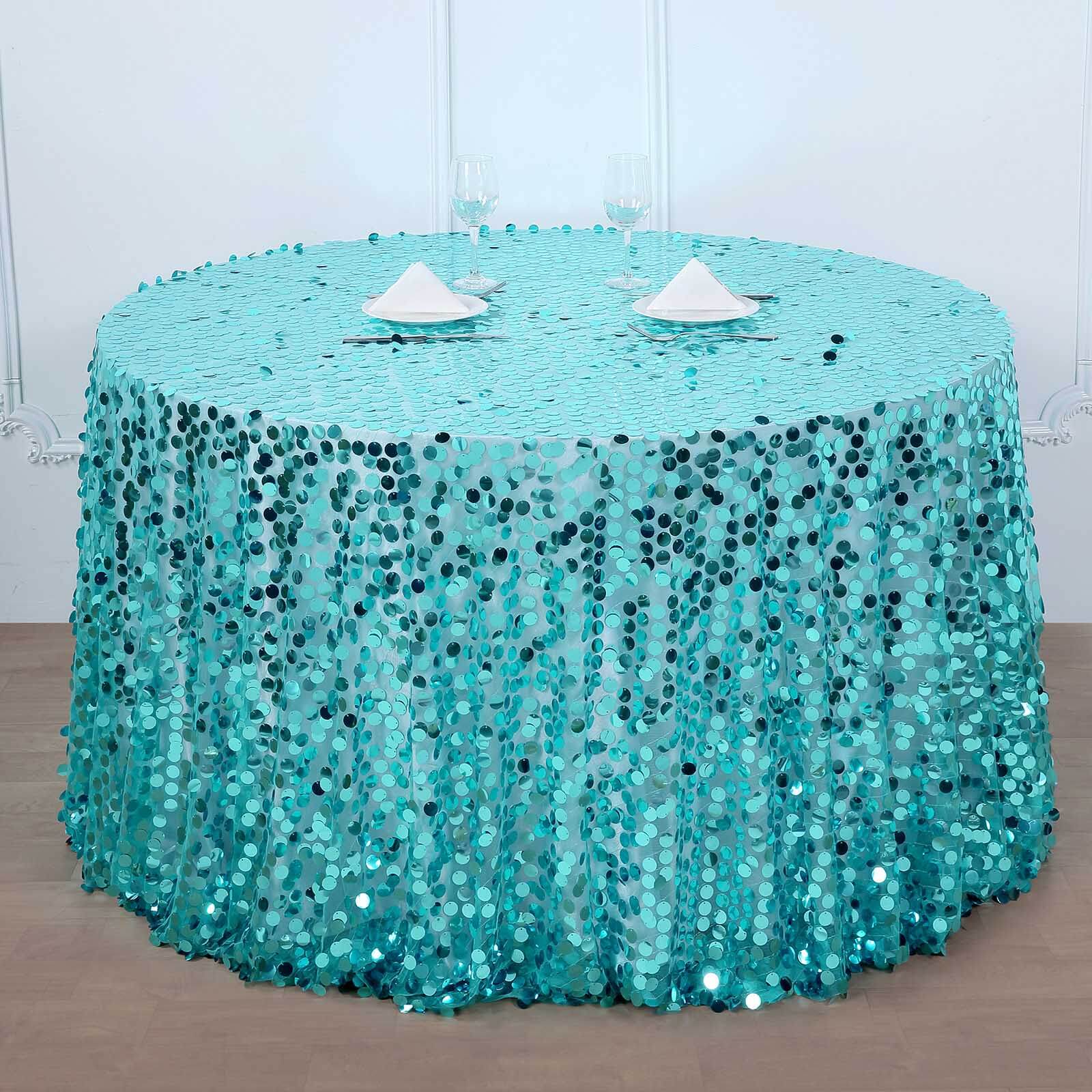 Sequin 120 Round Tablecloth Turquoise - Seamless Big Payette Table Cover