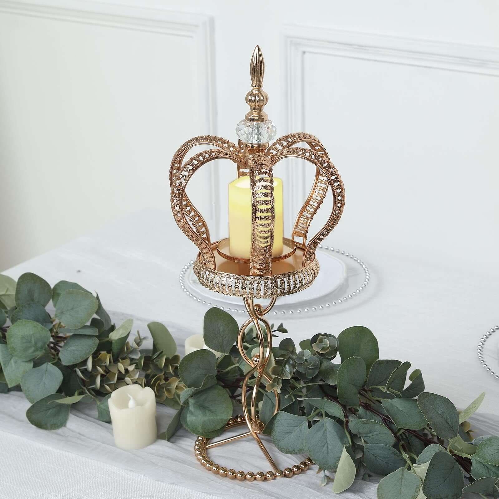 Metal Crown Spiral Pillar Candle Holder Stand Gold - Jeweled Votive Candle Centerpiece 18