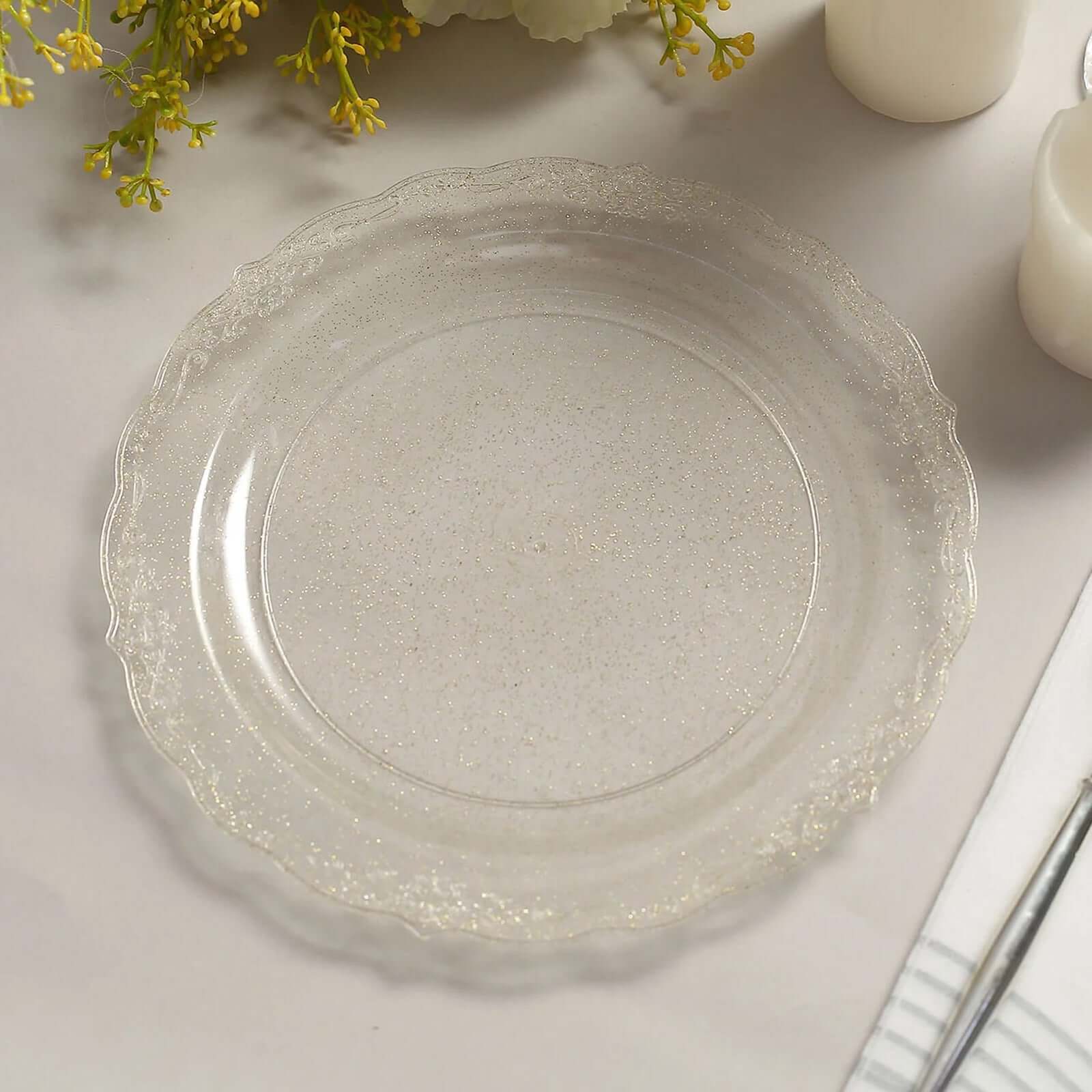 12-Pack Plastic 7 Round Salad Plates in Clear Gold Glittered with Floral Rim Scalloped Edges - Disposable Appetizer Salad Plates for Special Occasions & Banquets