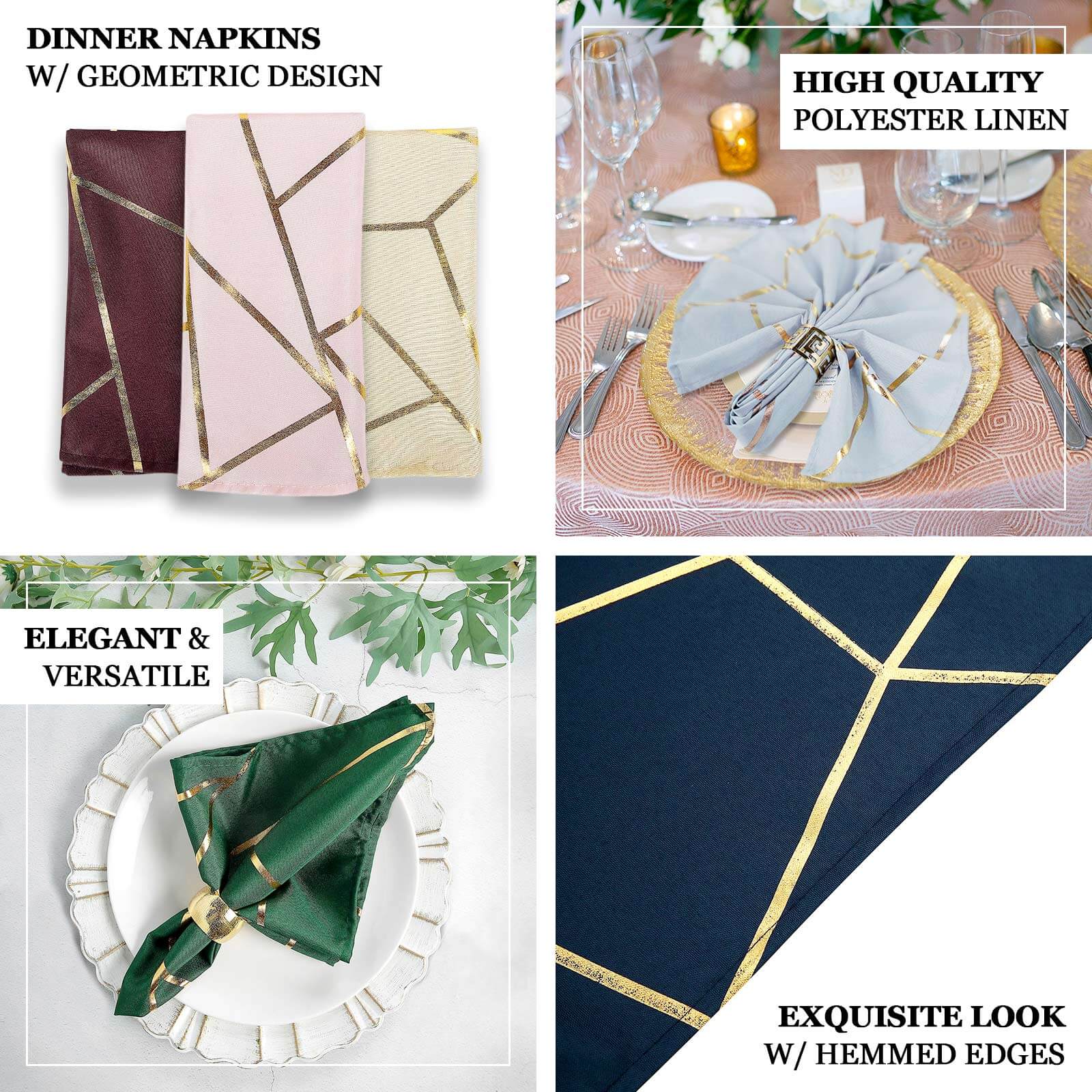 5 Pack Polyester 20x20 Napkins Dusty Blue with Gold Geometric Foil Pattern - Modern Reusable Dinner Napkins