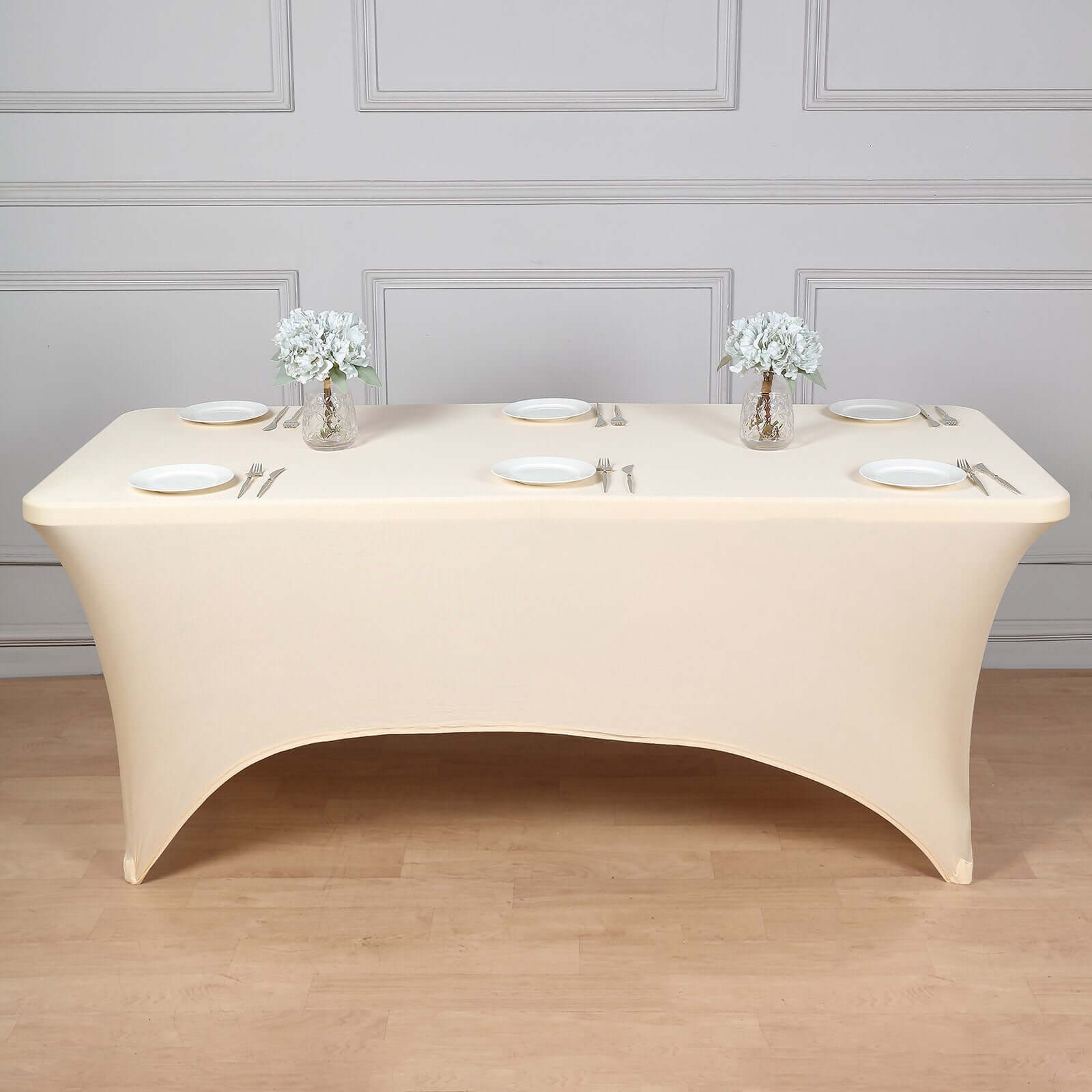 Stretch Spandex 6ft Rectangle Tablecloth Beige - Durable Form-Fitting Table Cover for Events & Presentations