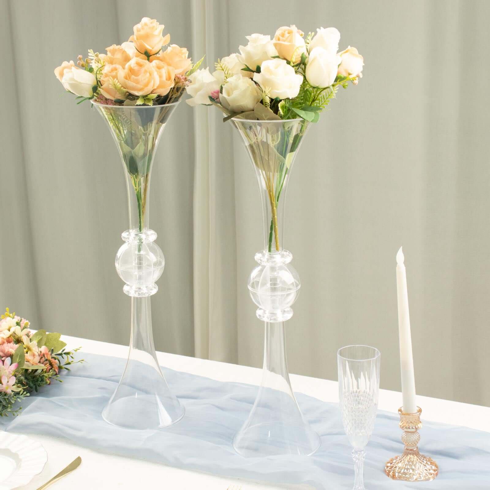2-Pack Flower Vases Trumpet Design with Crystal Embellishments Clear - Reversible Plastic Table Centerpieces 21