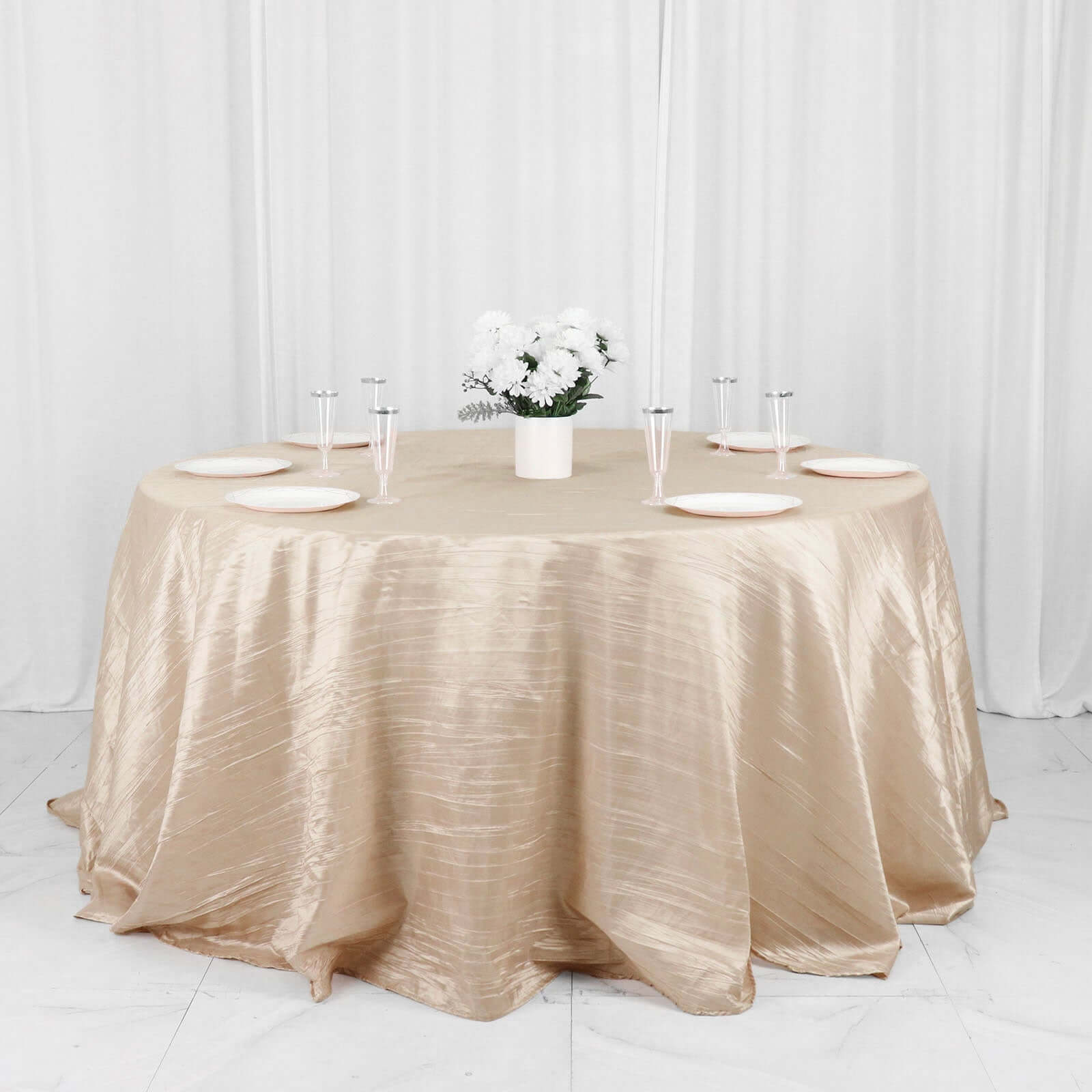 Taffeta 132 Round Tablecloth Beige - Seamless Accordion Crinkle Table Cover