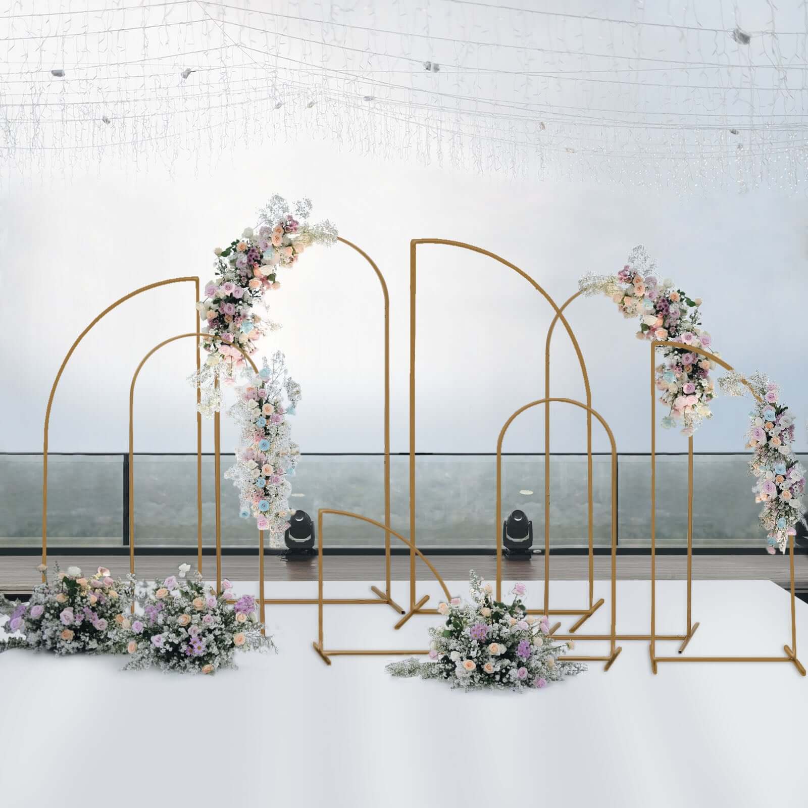 Set of 4 Gold Metal Half Moon Floral Frame Wedding Arbor Stand, Chiara Backdrop Display Arch - 2.5ft,5ft,6ft,7ft