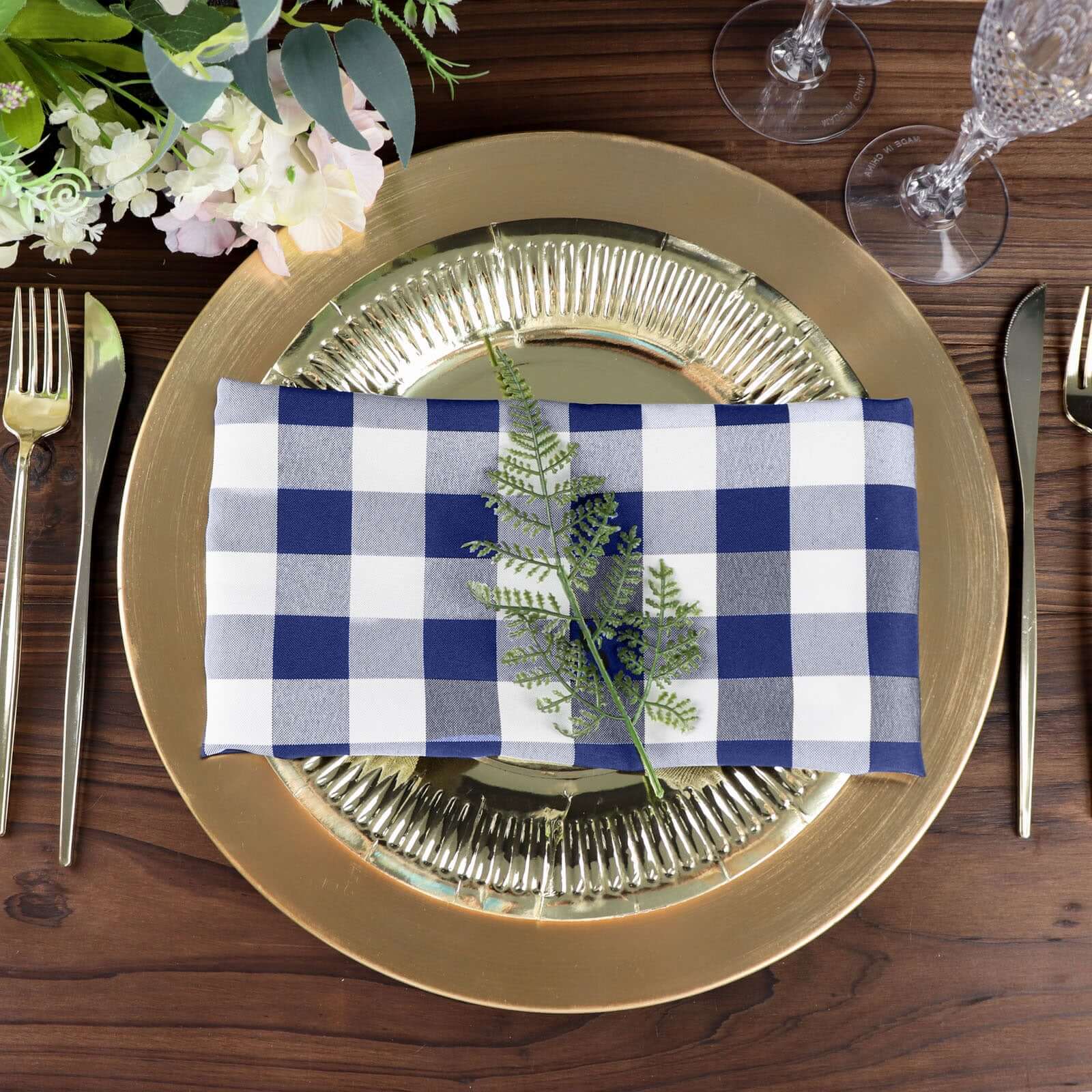 5 Pack Polyester 15x15 Napkins Navy Blue/White Buffalo Plaid Gingham Style Cloth Napkins