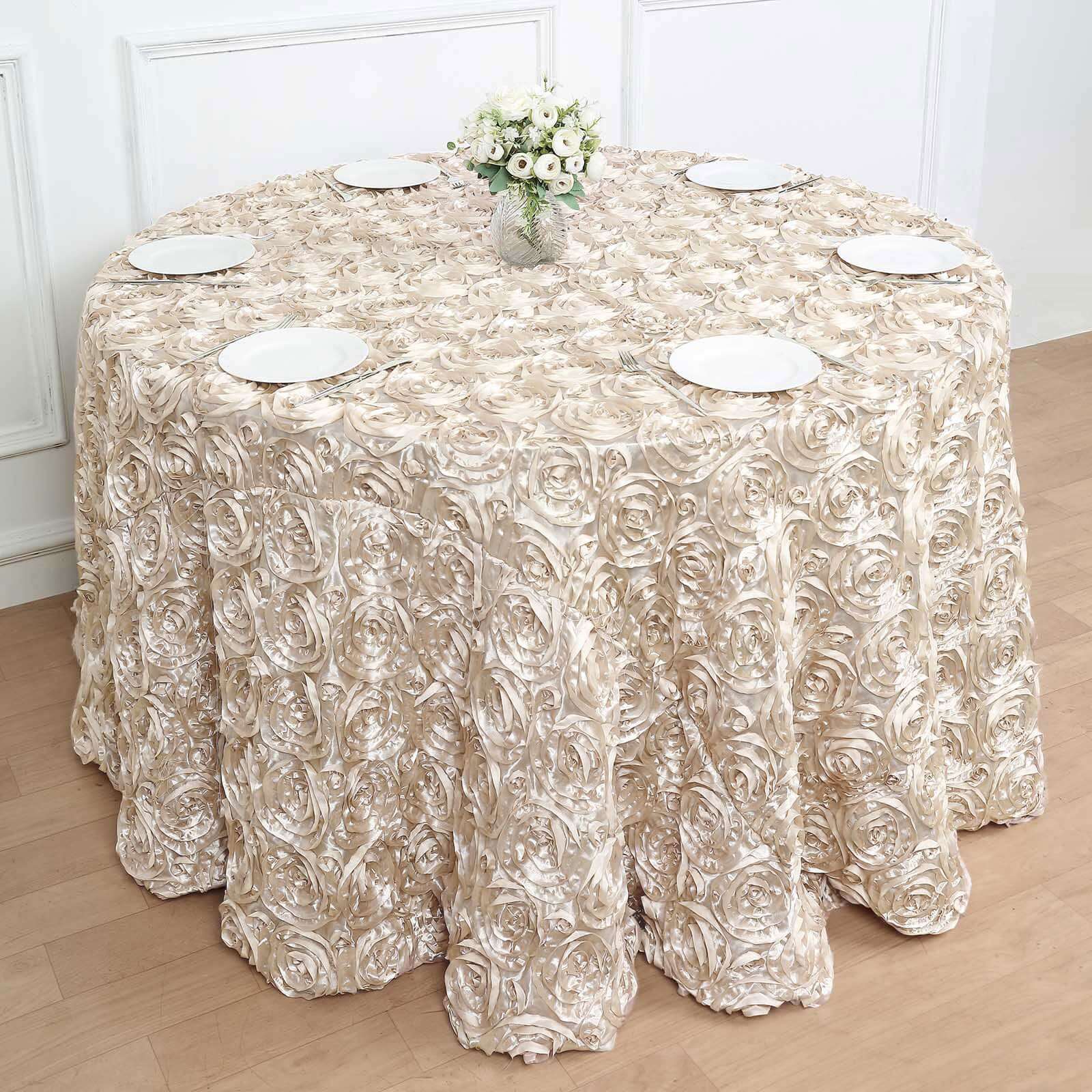 Satin 120 Round Tablecloth Beige - Grandiose 3D Rosette with Seamless Finish Table Cover