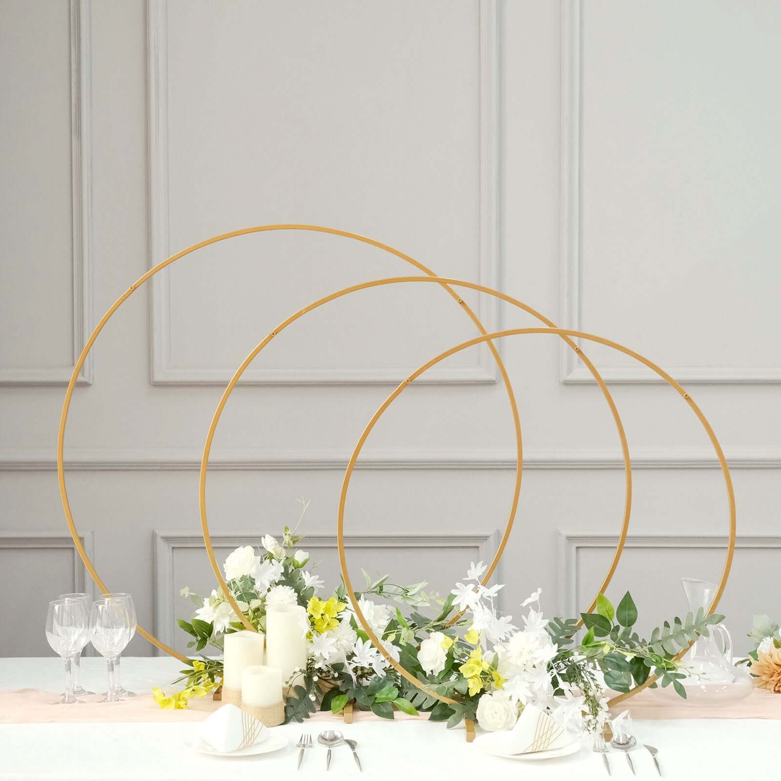 36 Gold Metal Round Hoop Wedding Centerpiece, Self Standing Table Floral Wreath Frame