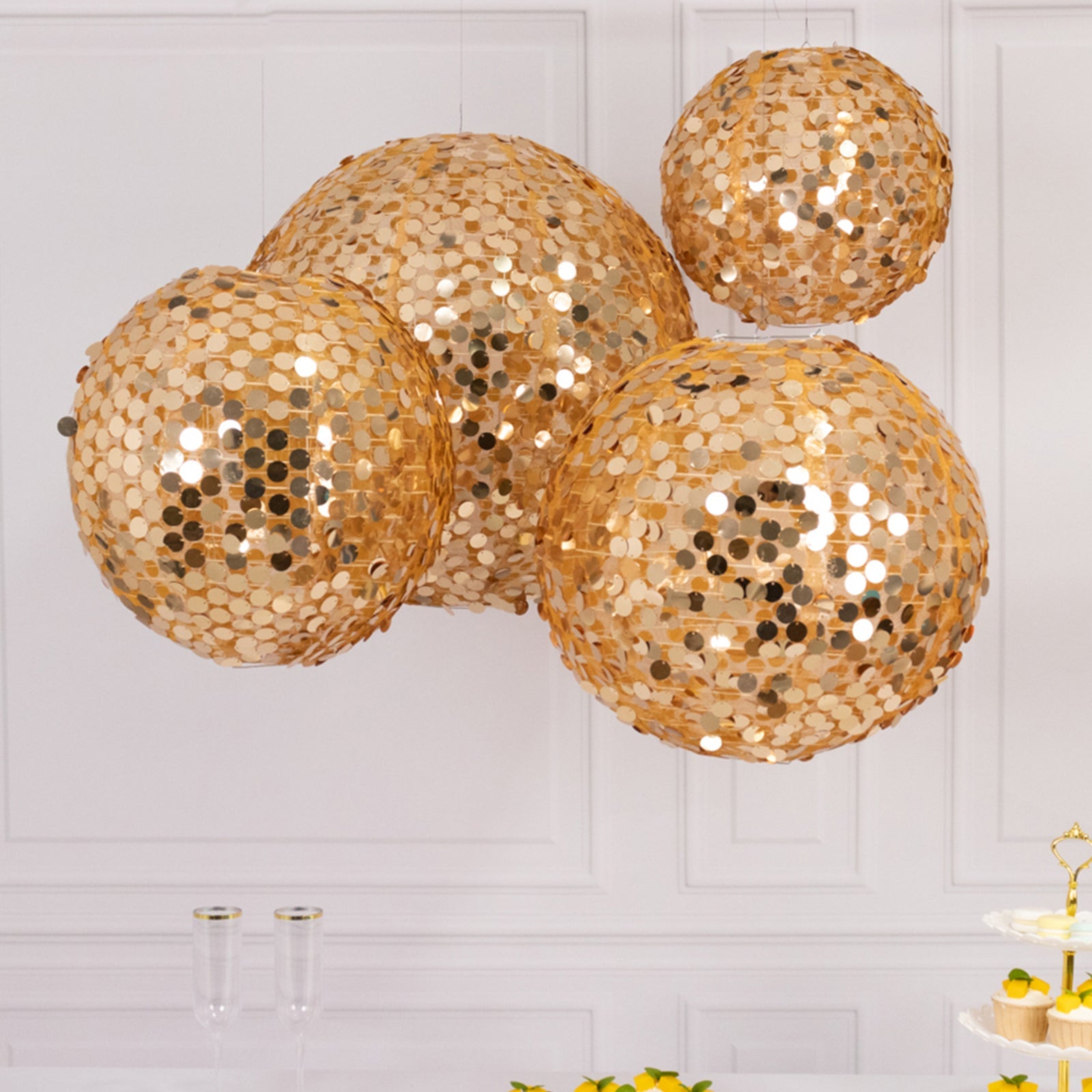 Set of 4 Glitter Gold Payette Sequin Hanging Lanterns, Large Decorative Round Foldable Fabric Chinese Lantern Lampshades - 12,14,16,20