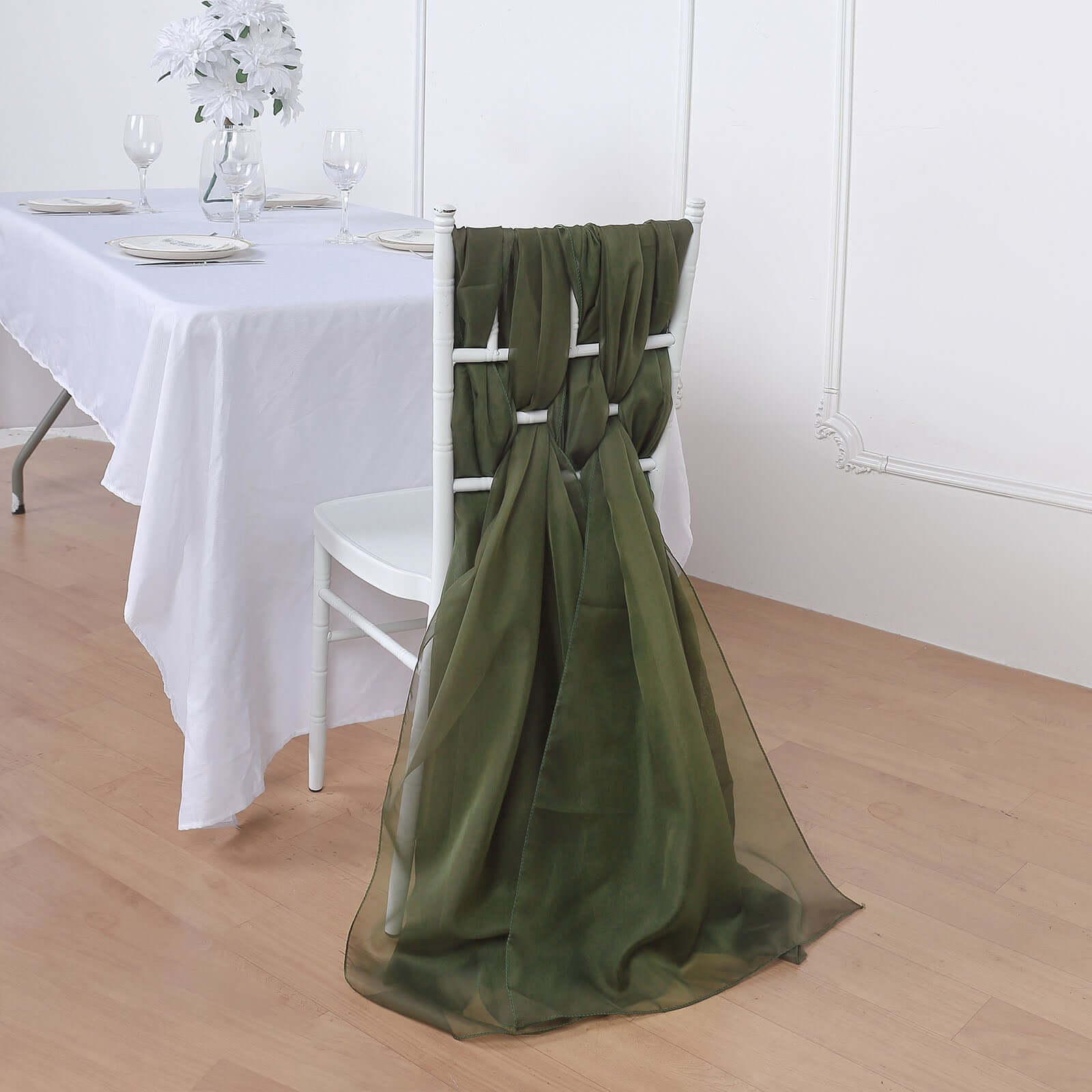 5 Pack Premium Chiffon Chair Sashes Olive Green - Soft & Lightweight Designer Chair Bows 22x78