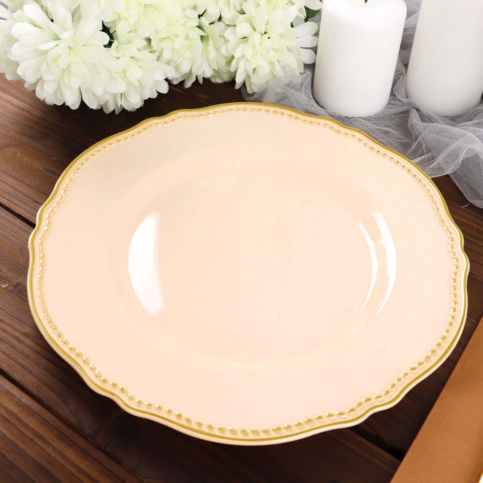 10-Pack Plastic 10 Dinner Plates in Nude with Gold Scalloped Rim - Disposable Large Party Plates