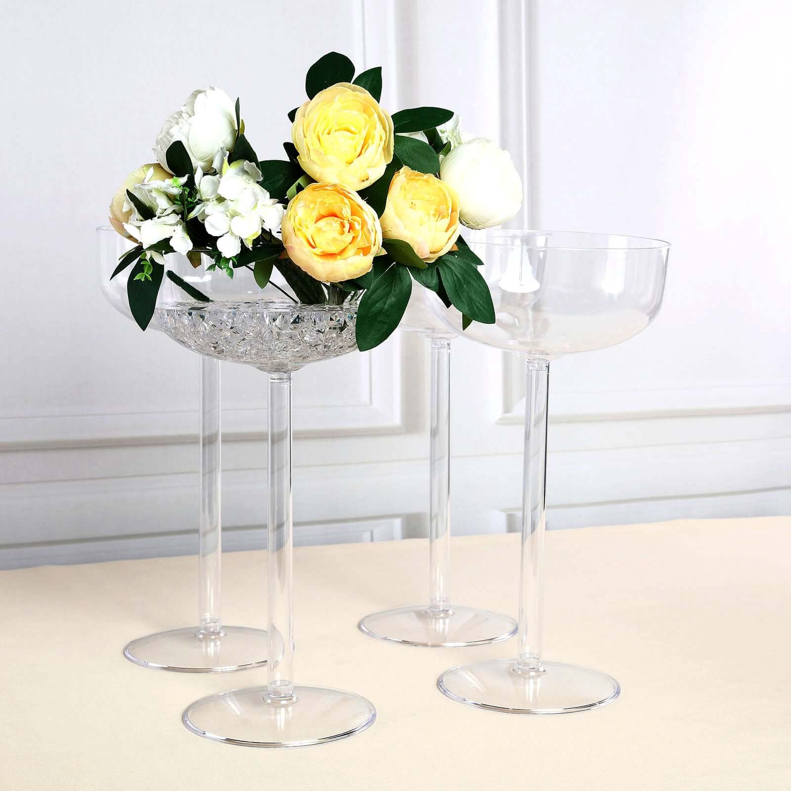 4-Pack Plastic Flower Vases Champagne Glass Design Clear - Fillable Long Stem Centerpieces for Events 18