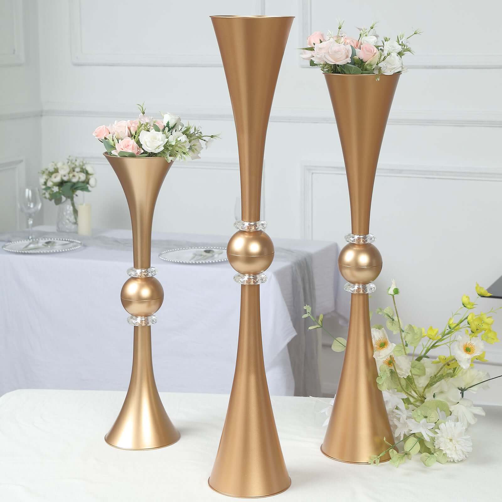 2 Pack 31 Shiny Gold Crystal Embellishment Trumpet Flower Vase, Reversible Plastic Table Centerpiece