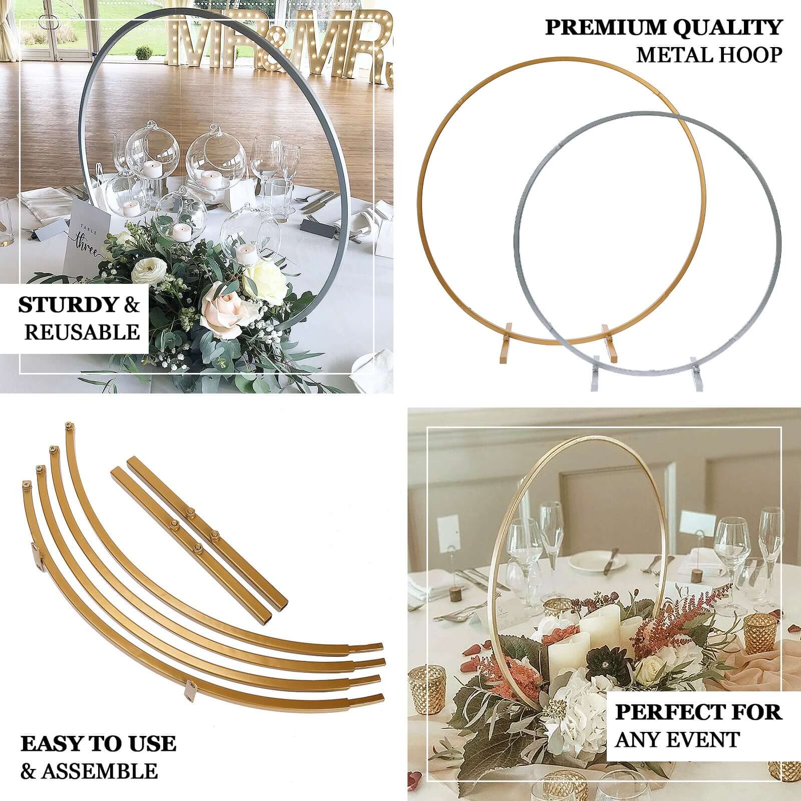 Round Wedding Hoop Table Centerpiece Metal Silver - Self-Standing Floral Wreath Frame for Events 36