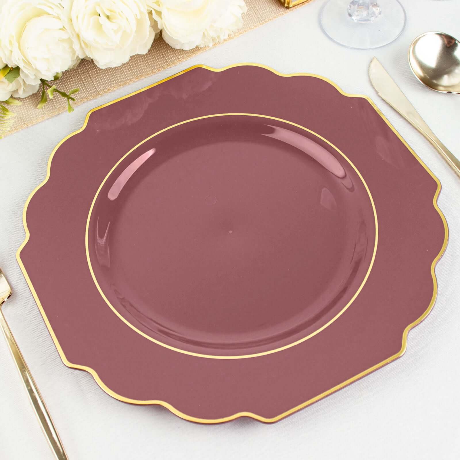 10-Pack Plastic Dinner Plates in Cinnamon Rose Baroque Design with Scalloped Gold Rim - Heavy Duty Disposable Party Plates 11