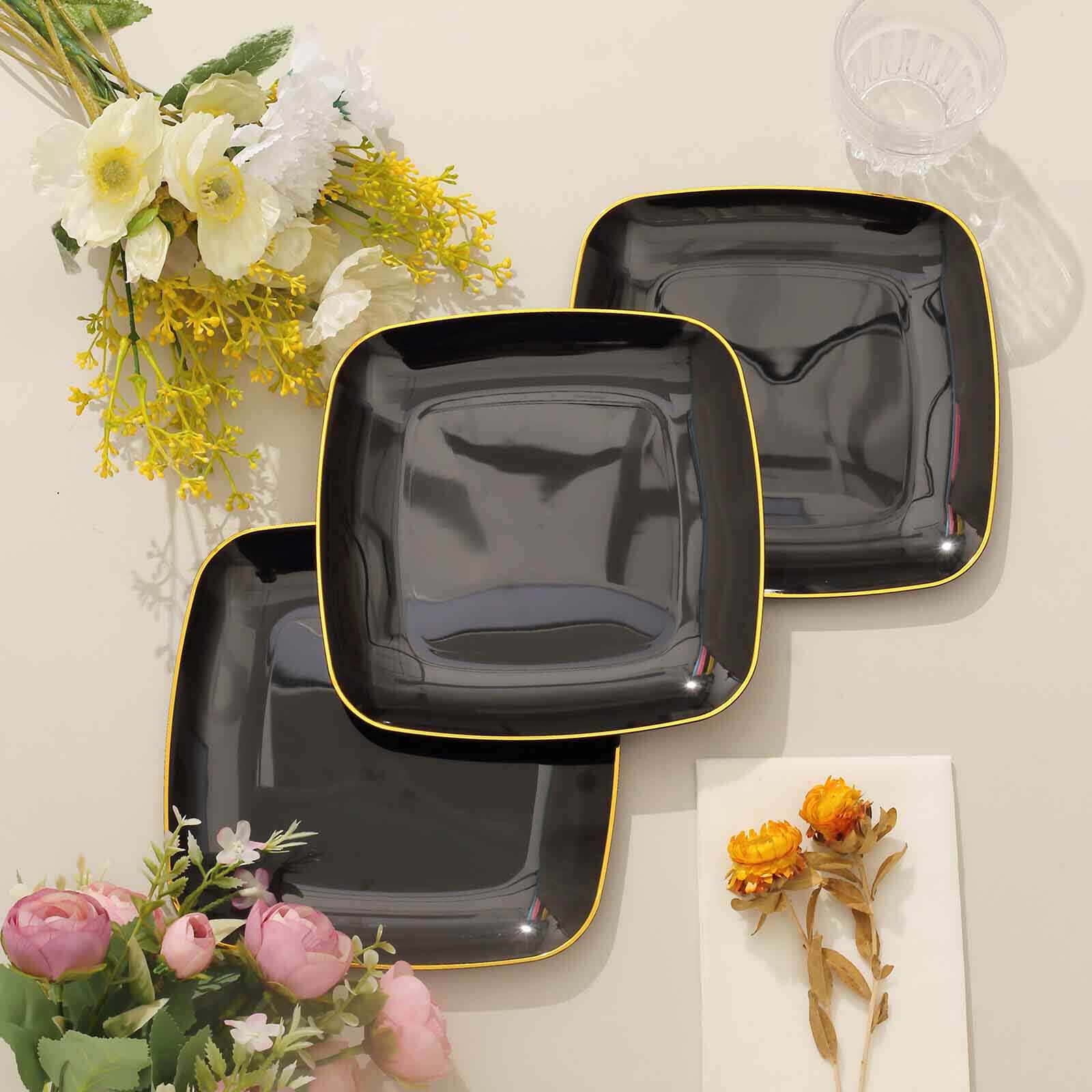 10-Pack Plastic 7 Square Dessert Plates in Black with Gold Rim - Classy Disposable Appetizer Salad Plates