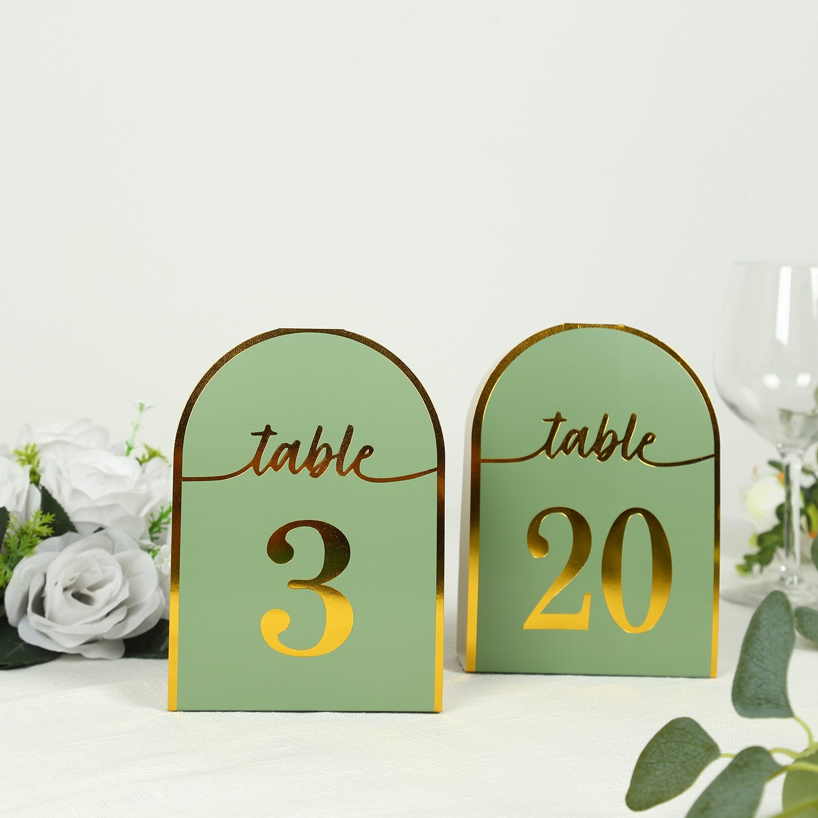 25-Pack Paper Wedding Table Numbers 1-25 Sage Green Arch Cutout Design - Sleek & Modern Free Standing Double Sided Table Tent Cards with Metallic Gold Foil Numbers 7