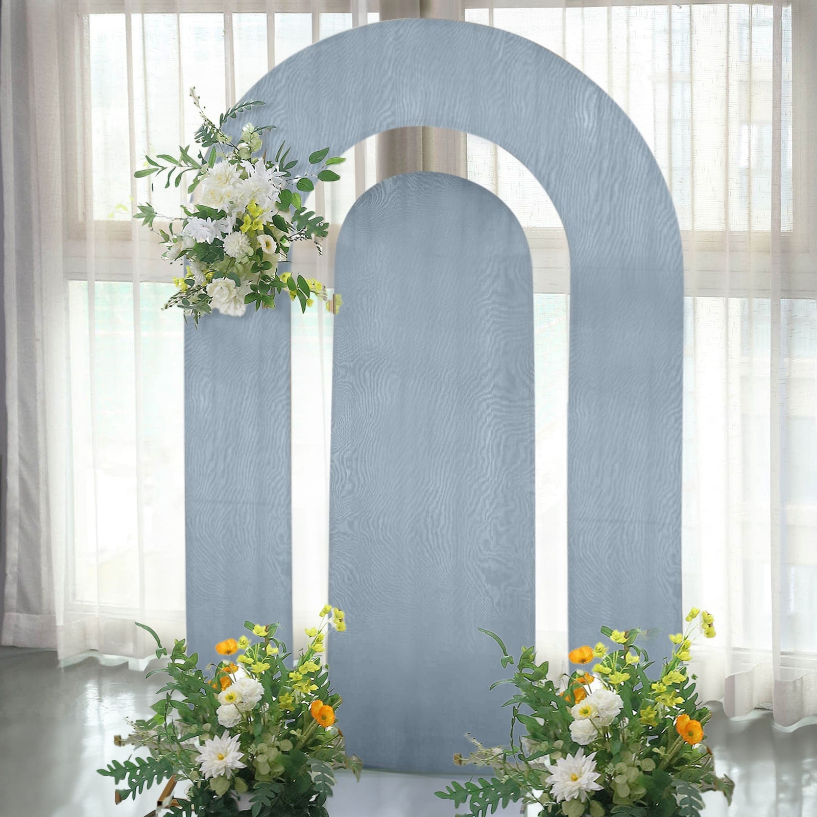 Set of 2 Dusty Blue Spandex Fitted Wedding Arch Covers for Round Top and Double Arch Chiara Backdrop Stands - 6ft,8ft