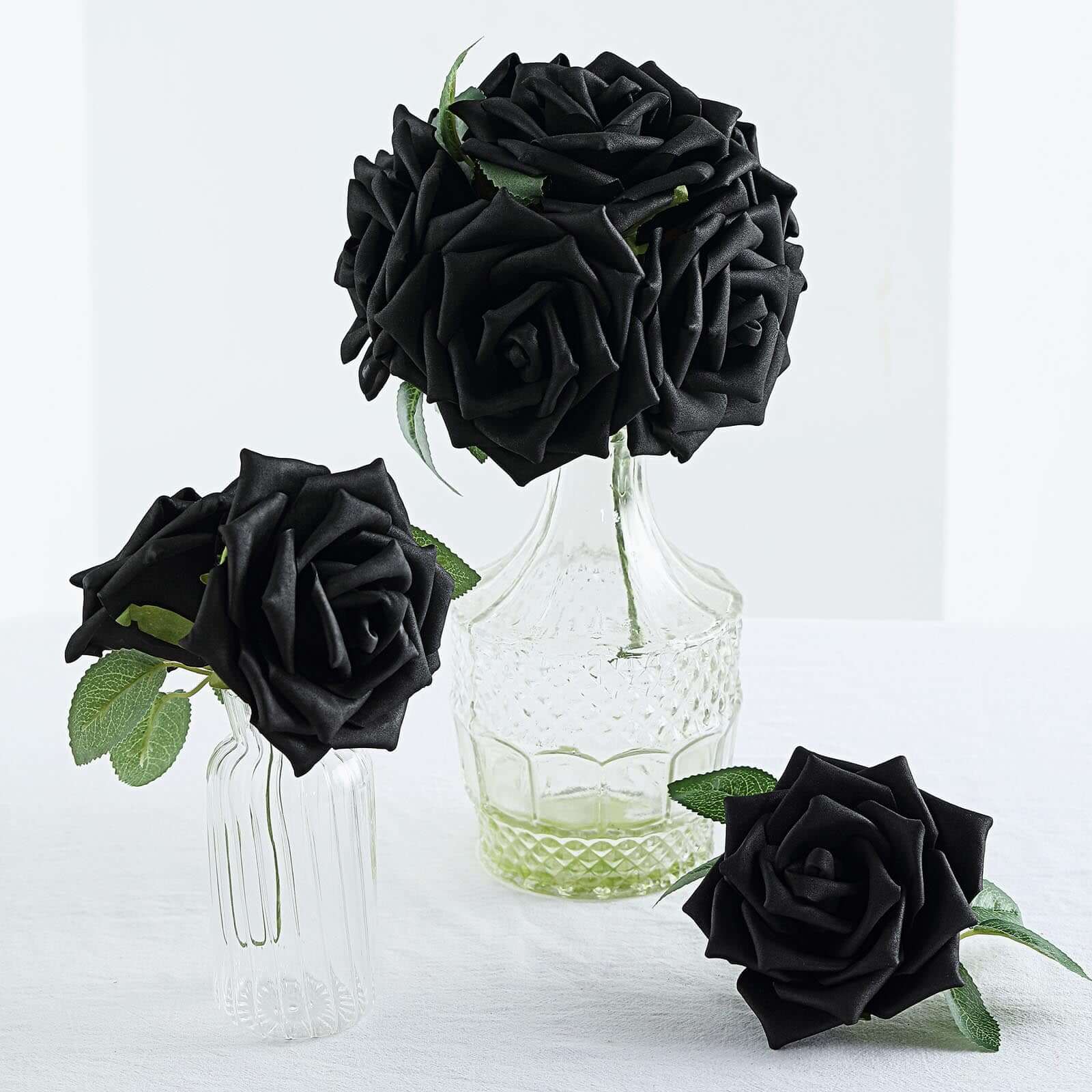 24 Roses 5 Black Artificial Foam Flowers With Stem Wire and Leaves