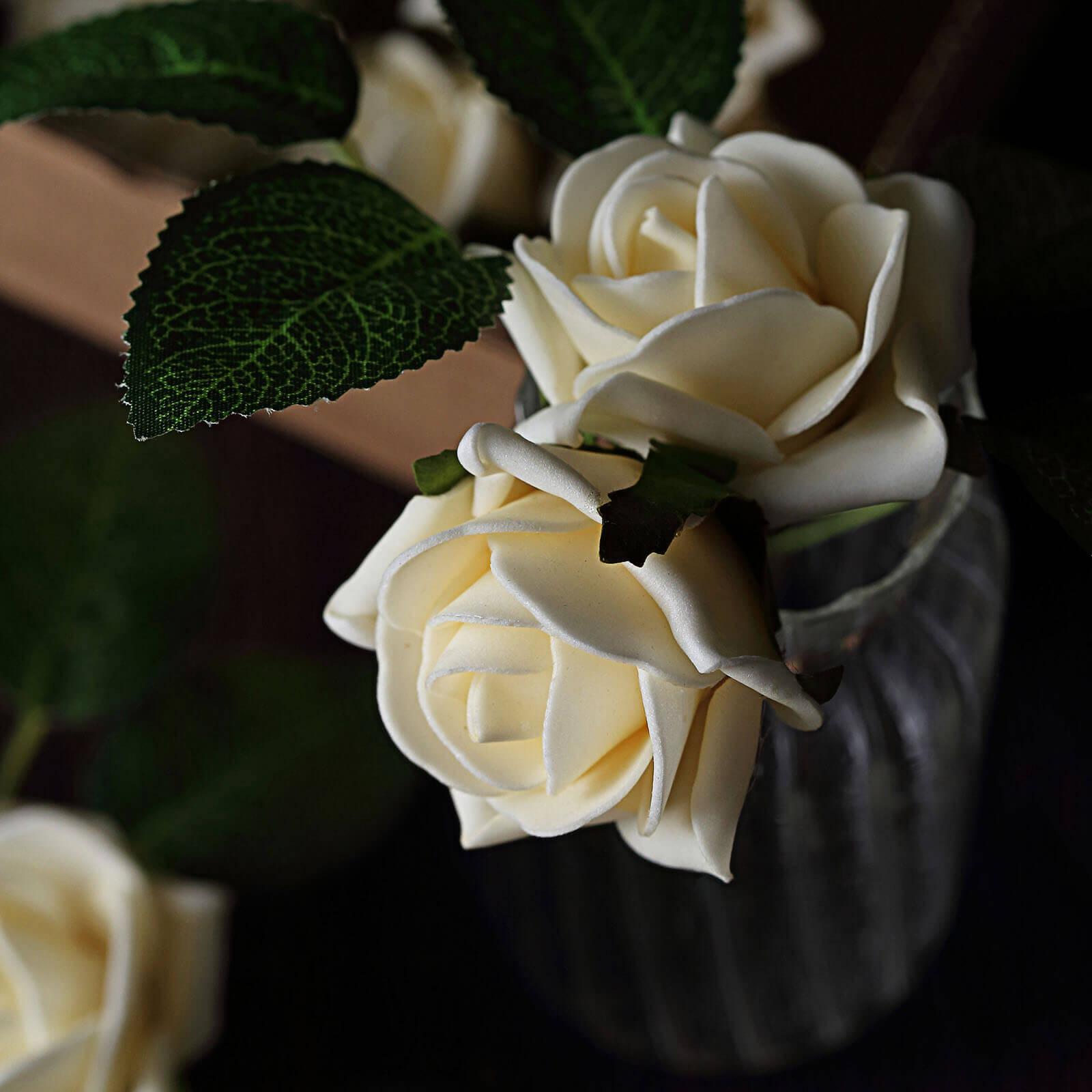 24 Roses 2 Cream Artificial Foam Flowers With Stem Wire and Leaves