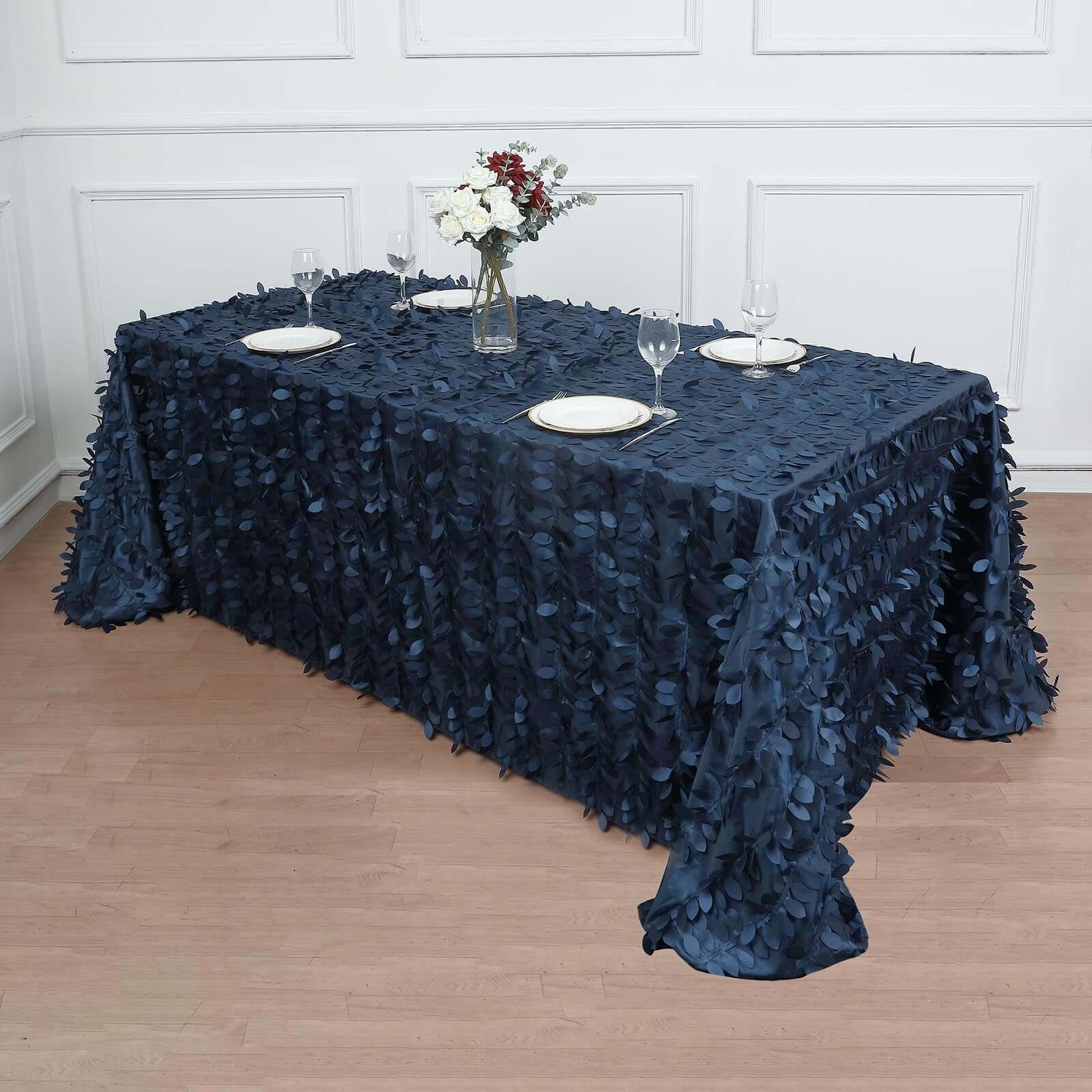 Taffeta 90x132 Rectangle Tablecloth Navy Blue | 3D Leaf Petal Design Seamless Table Cover