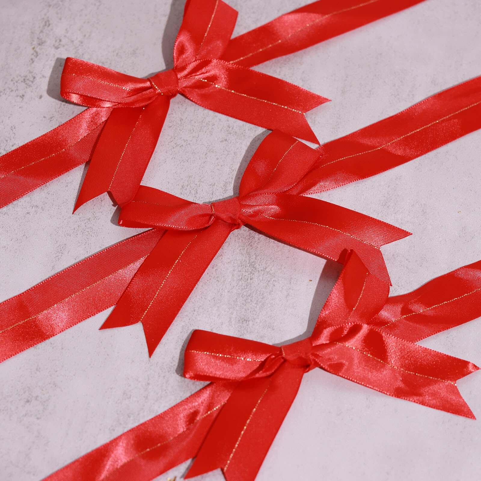 50 Pcs 10 Red Pre Tied Ribbon Bows, Satin Ribbon With Gold Foil Lining For Gift Basket and Party Favors Decor