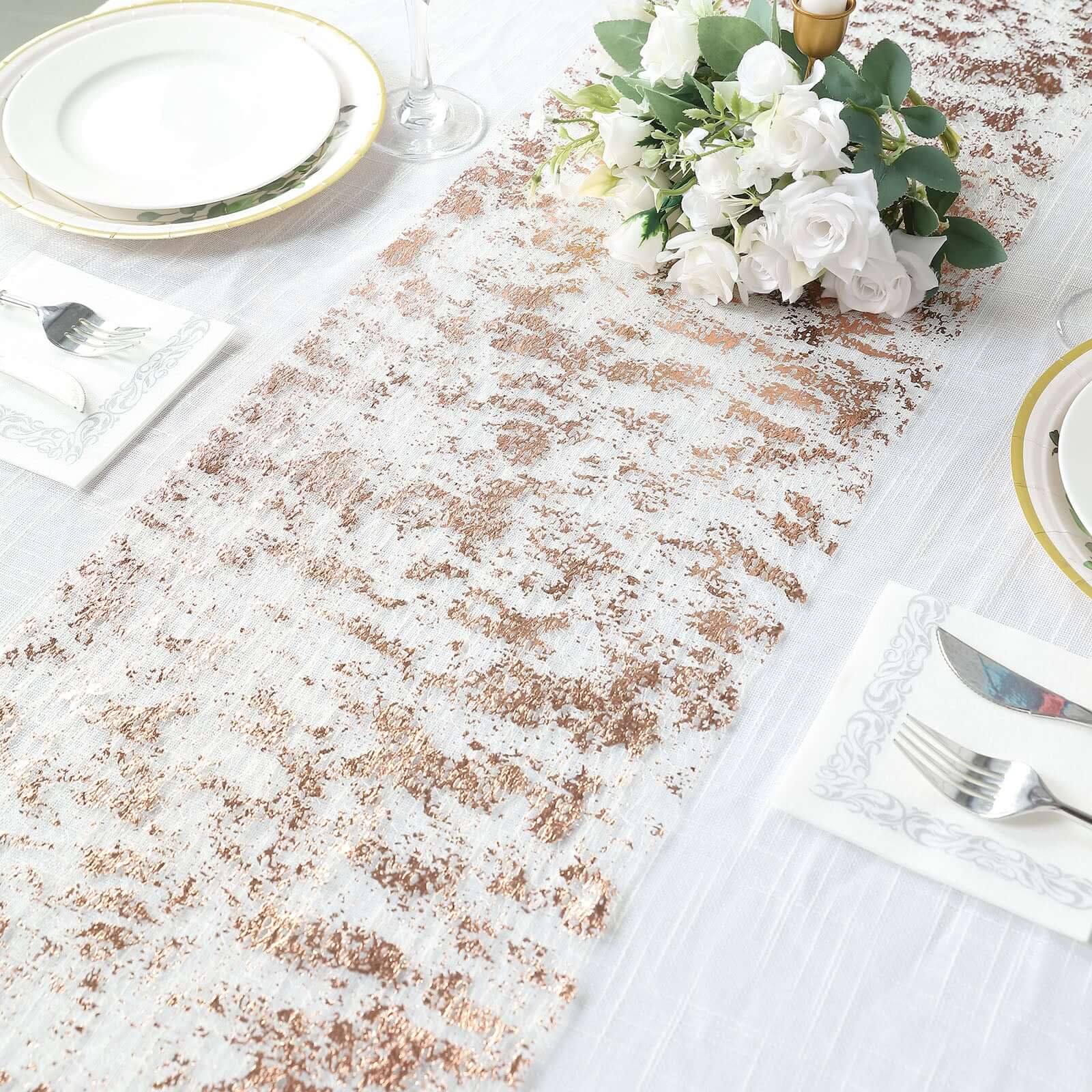 Mesh Polyester 108 Table Runner Roll Metallic Rose Gold - Distressed Foil Look Disposable Table Decor