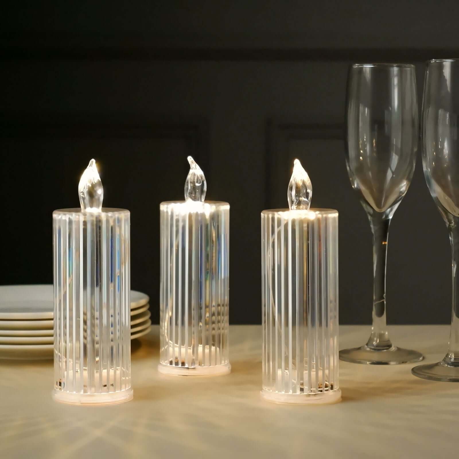 3-Pack LED Flameless Candle Lamps Diamond Acrylic Design Clear Warm White - Battery Operated Pillars 6