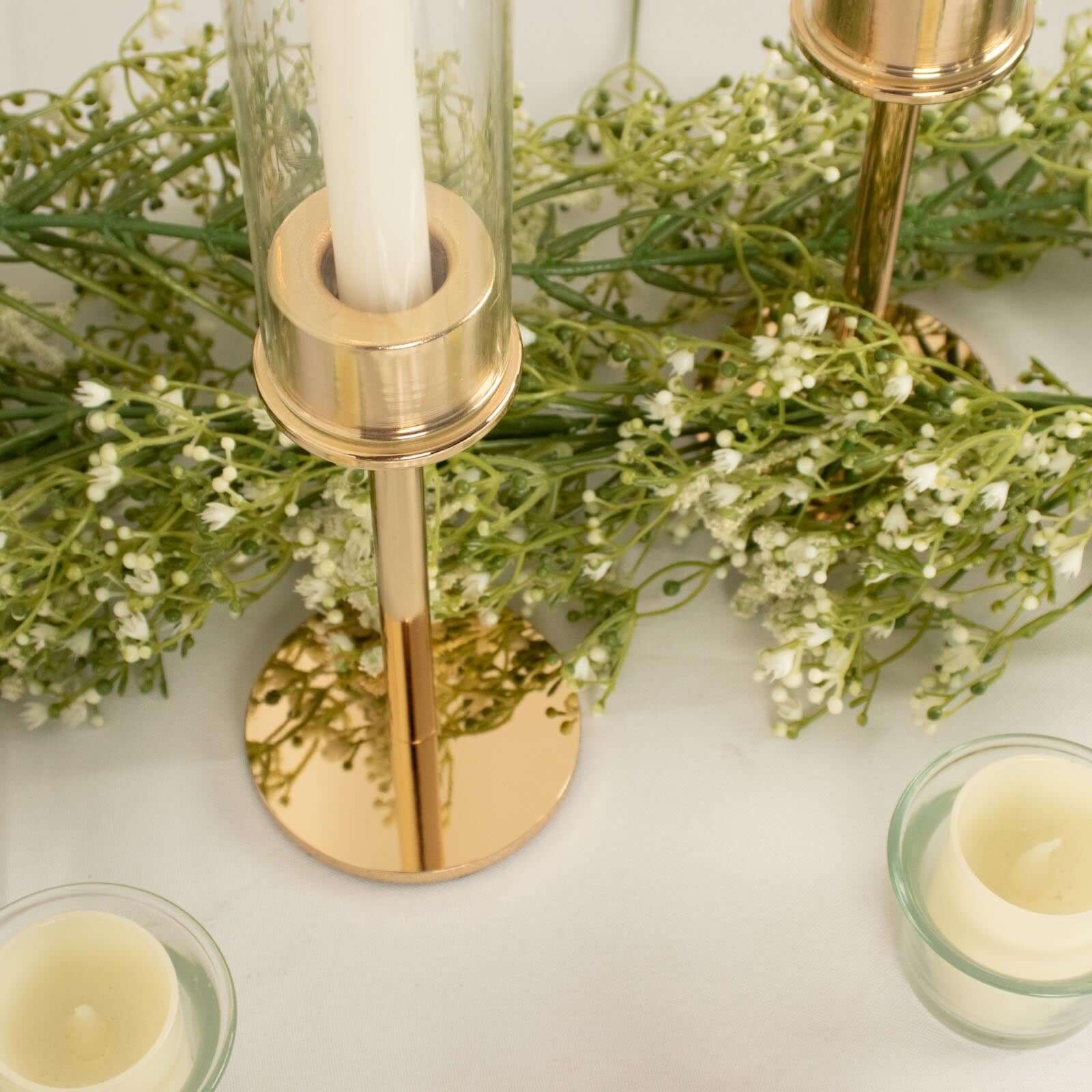 2-Pack Gold Metal Taper Candlestick Holders, Clear Glass Hurricane Candle Stands With Chimney Candle Shades 16