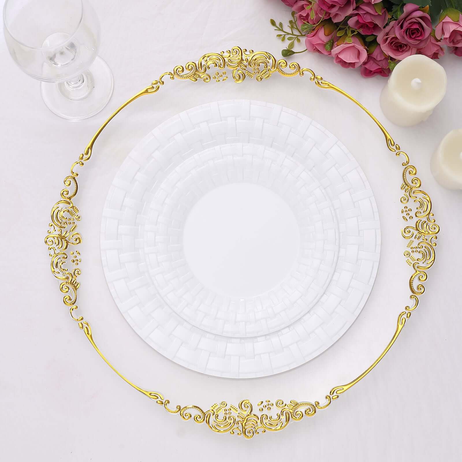 10 Pack 7 White Basketweave Rim Plastic Salad Dessert Plates, Round Disposable Appetizer Plates