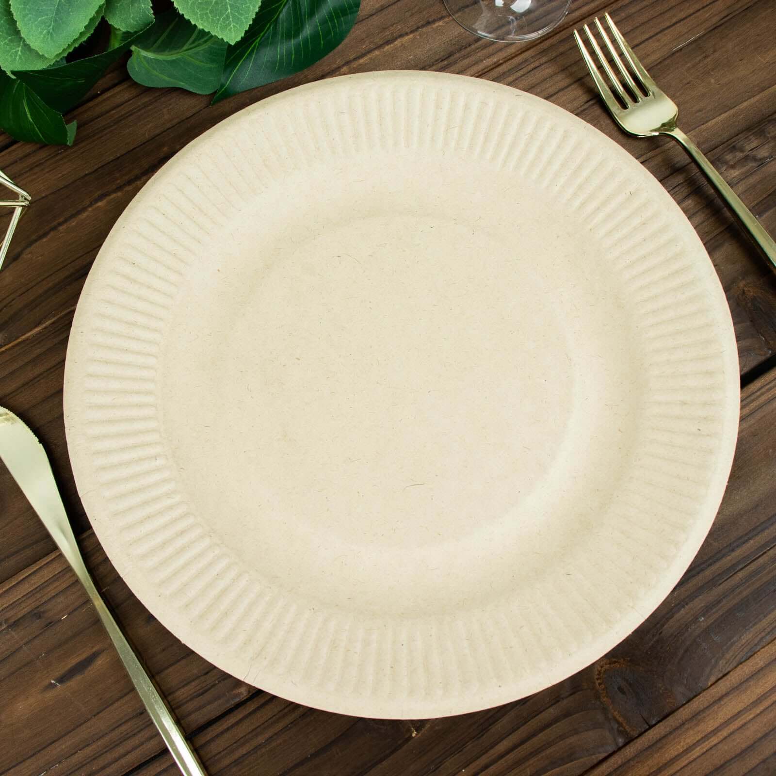 50-Pack Bagasse 10 Round Dinner Plates in Natural with Ribbed Rim - Eco Friendly Biodegradable Sugarcane Party Plates for Events