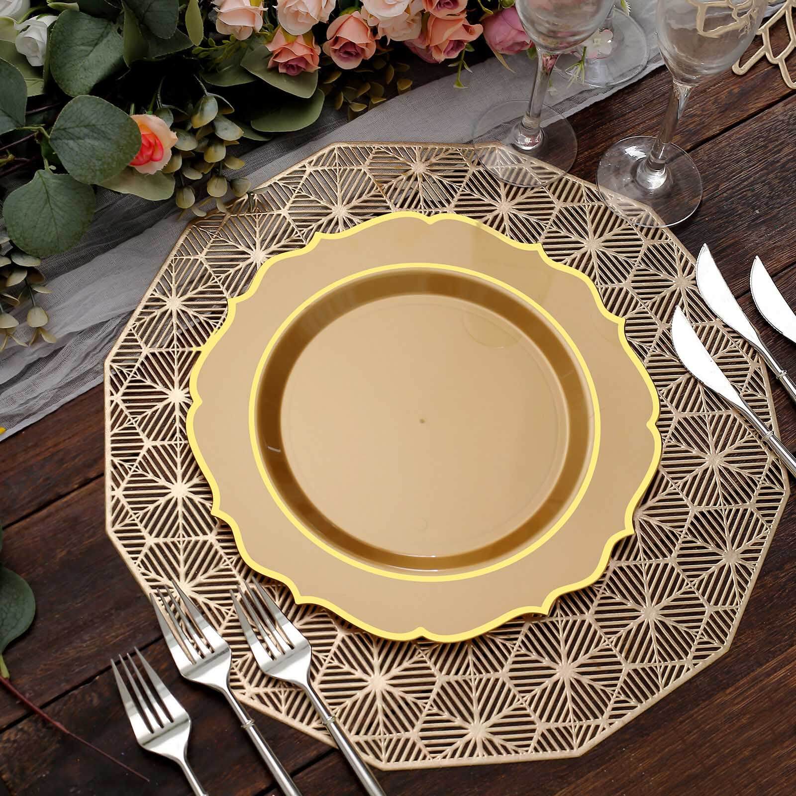 10-Pack Plastic 10 Round Dinner Plates in Gold with Gold Scalloped Rim - Disposable Party Plates