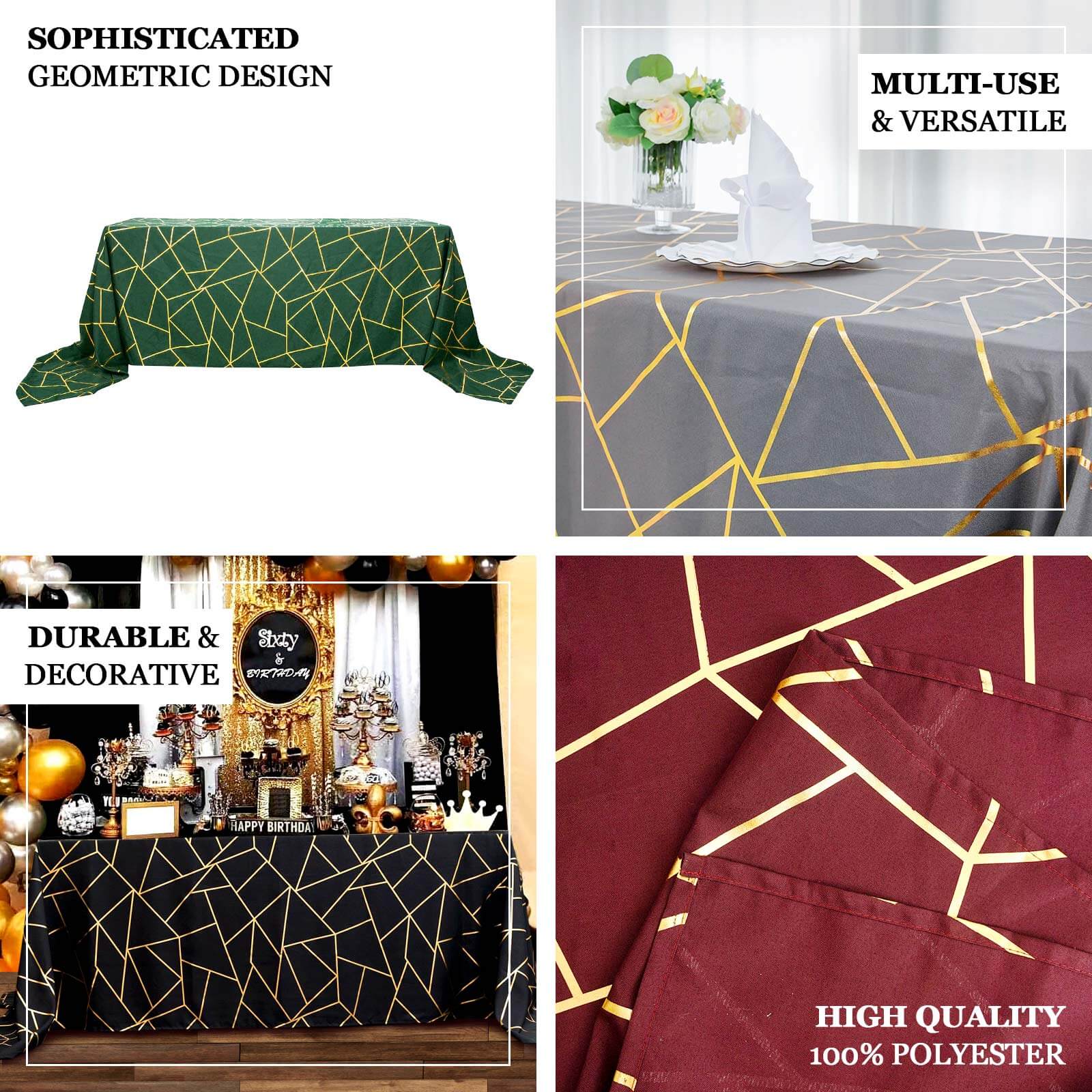 Polyester 90x132 Rectangle Tablecloth Hunter Emerald Green with Gold Foil Geometric Pattern - Wrinkle-Resistant Seamless Table Cover