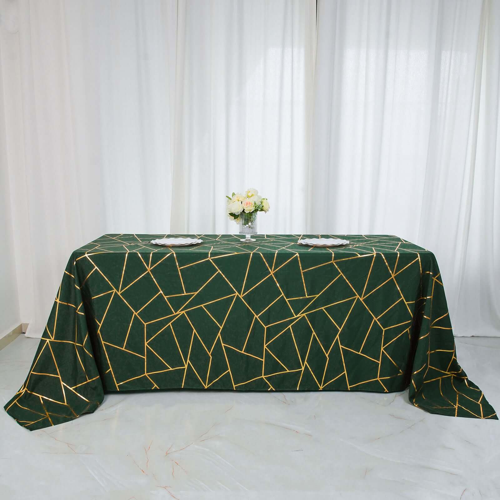 Polyester 90x156 Rectangle Tablecloth Hunter Emerald Green Seamless with Gold Foil Geometric Pattern - Wrinkle-Resistant Seamless Table Cover for Sophisticated Events