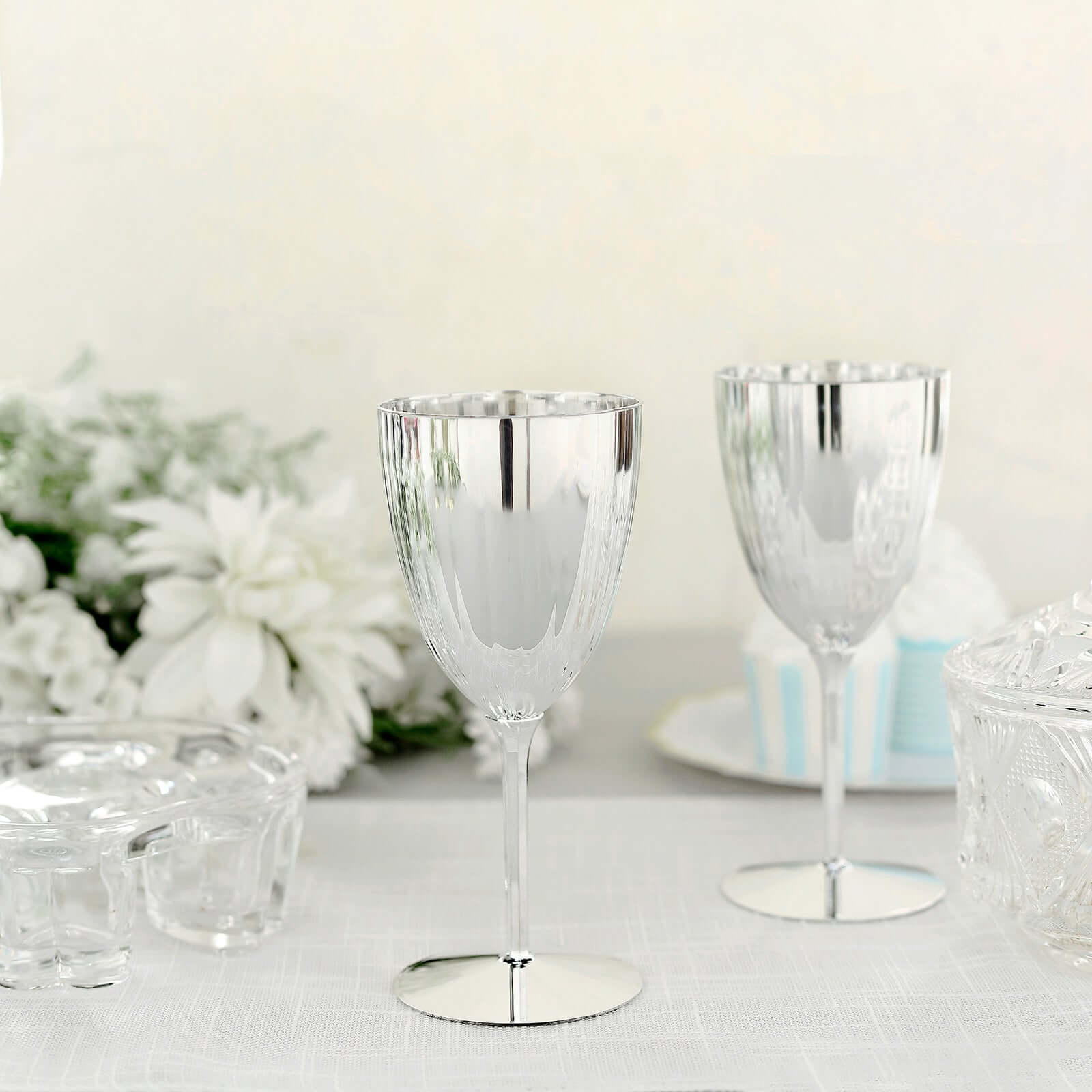 6-Pack Plastic Wine Glasses in Metallic Silver - Classy Disposable Goblets for Parties, Receptions & Banquets 8oz