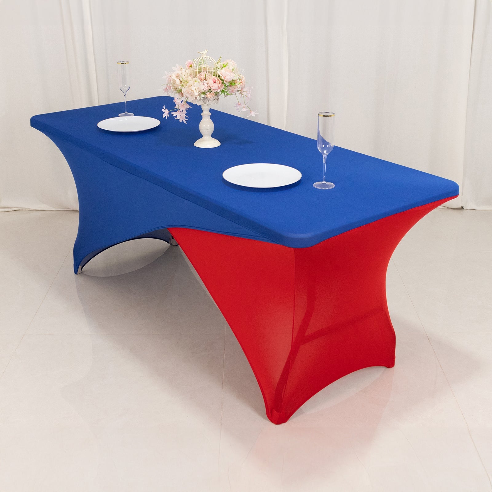 Stretch Spandex 72x30 Rectangle Table Cover Royal Blue/Red Cross Over Design - Two-Piece Fitted Tablecloth with Elastic Foot Pockets