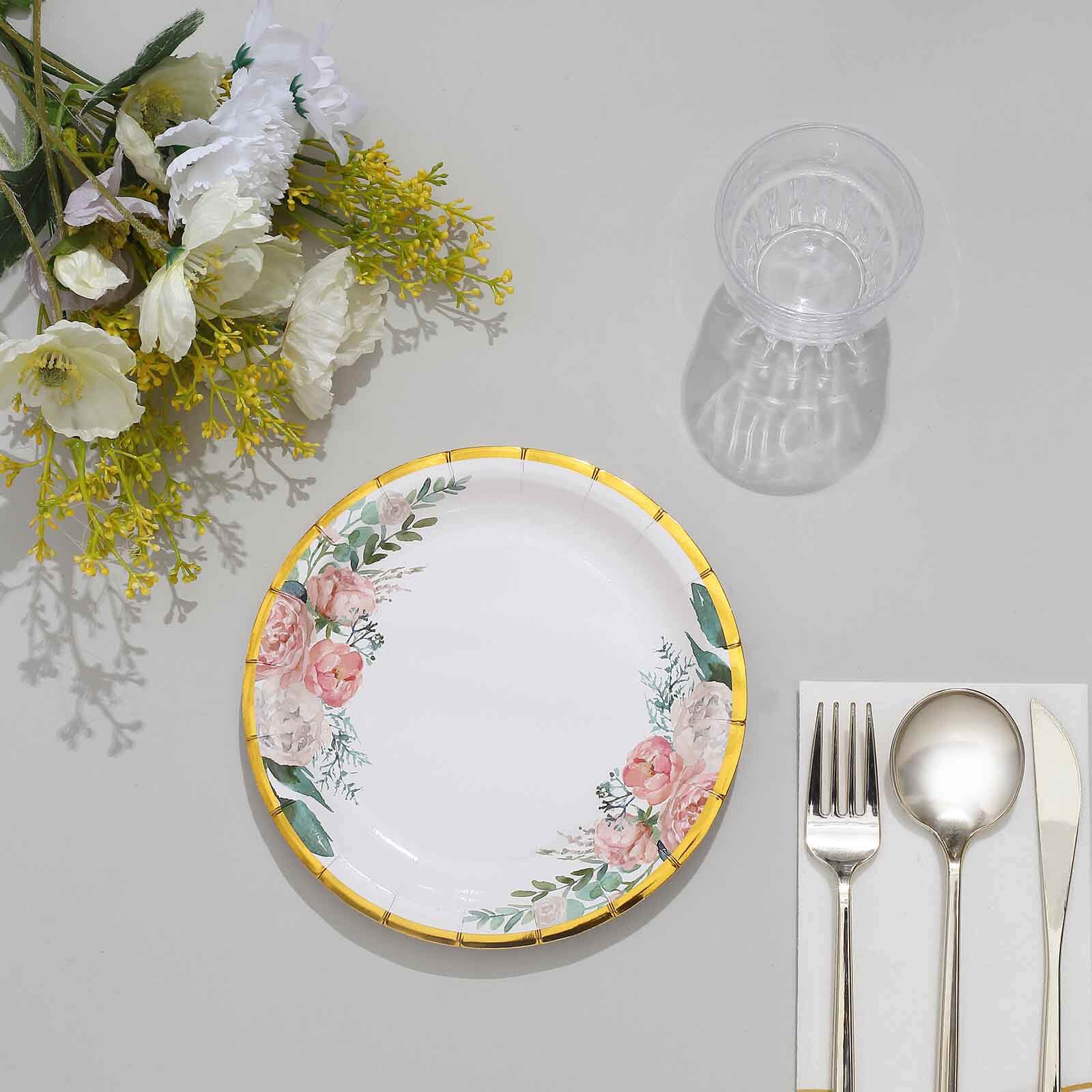 25-Pack Paper 7 Round Dessert Plates in White with Peony Floral Design & Gold Rim - Disposable Floral Salad Appetizer Plates for Brunches & Afternoon Teas